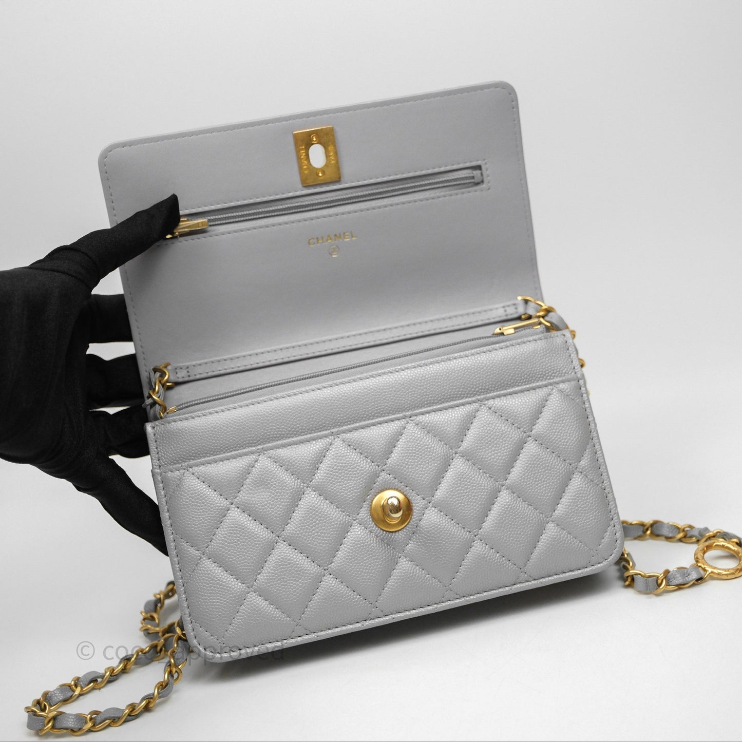 Chanel Wallet On Chain WOC Adjustable CC Chain Grey Iridescent Caviar Aged Gold Hardware