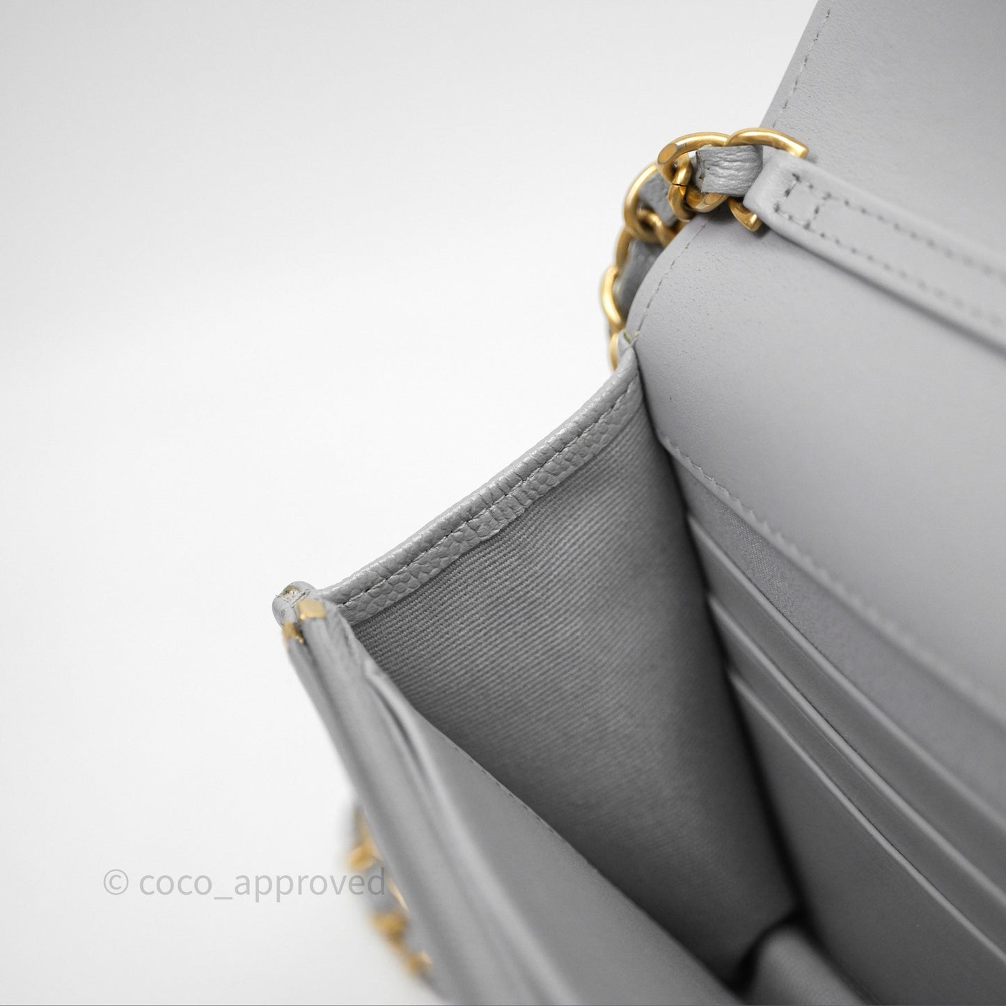 Chanel Wallet On Chain WOC Adjustable CC Chain Grey Iridescent Caviar Aged Gold Hardware