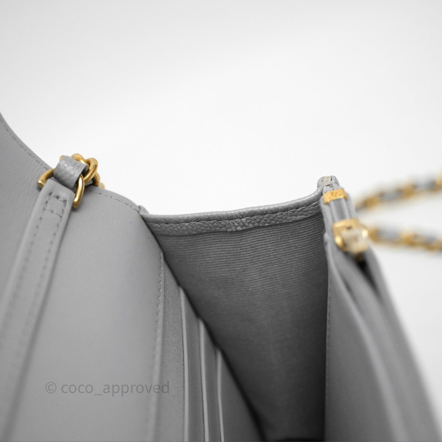 Chanel Wallet On Chain WOC Adjustable CC Chain Grey Iridescent Caviar Aged Gold Hardware