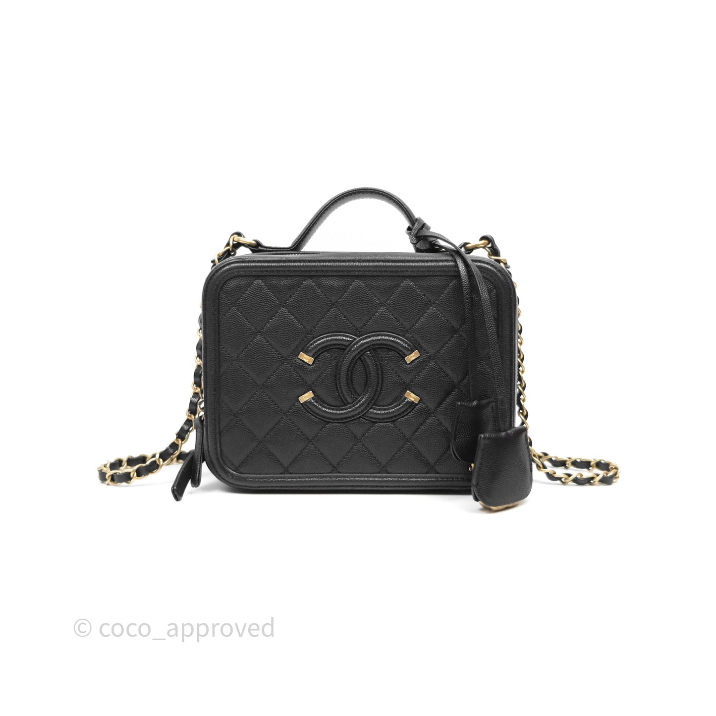 Chanel Quilted Medium CC Filigree Vanity Case Black Caviar Aged Gold Hardware