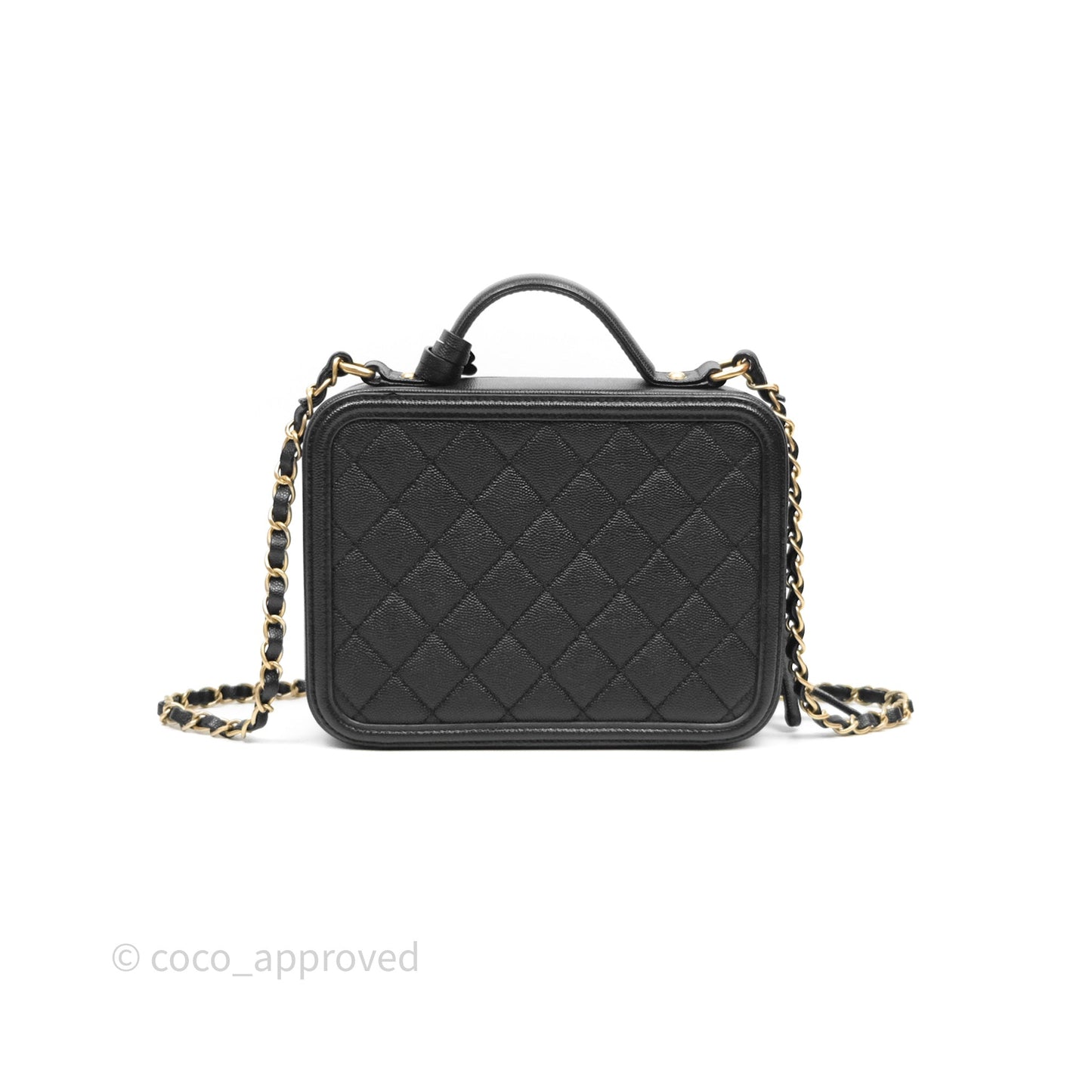 Chanel Quilted Medium CC Filigree Vanity Case Black Caviar Aged Gold Hardware