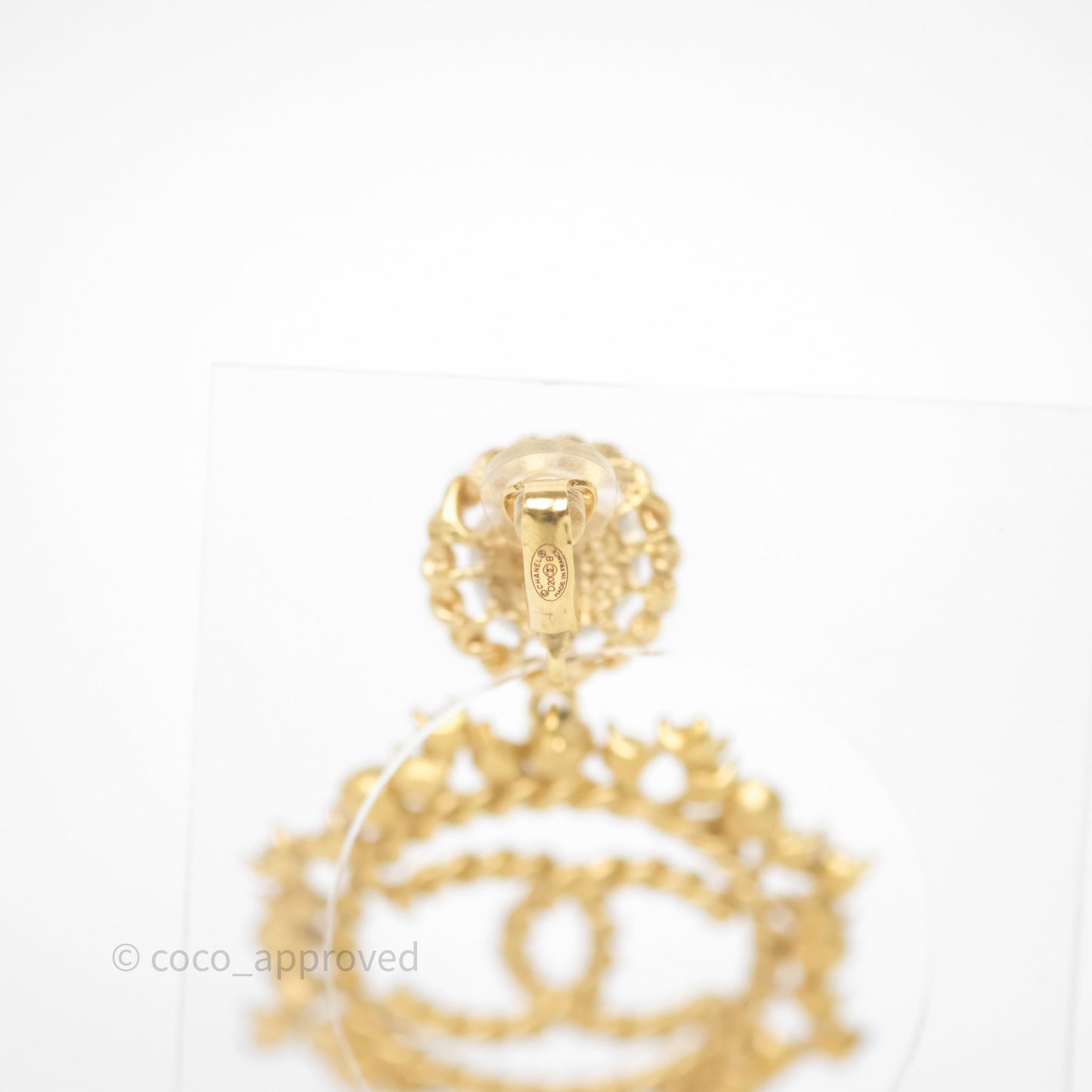 Chanel Crystal Round CC Pearl Drop Ear Clip Gold Tone 20B
