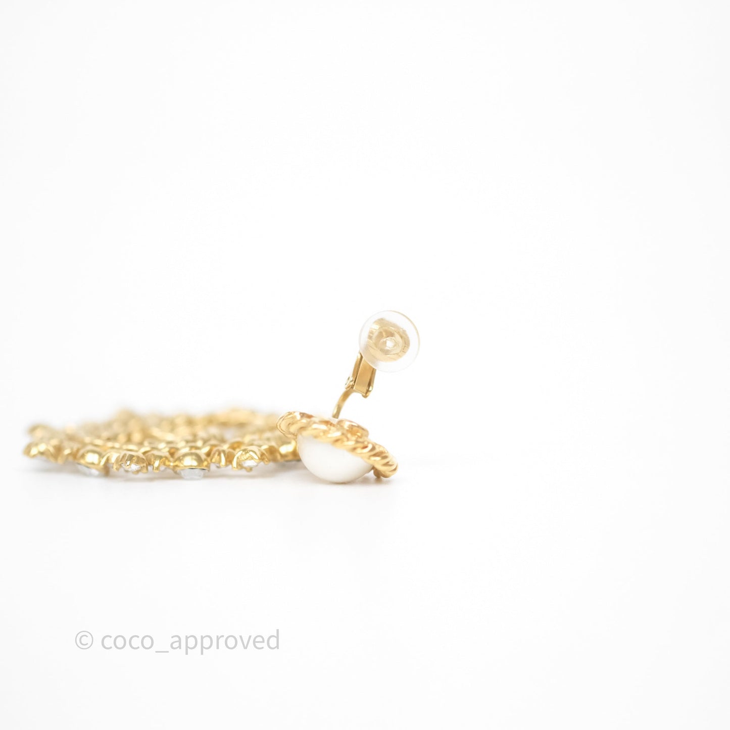 Chanel Crystal Round CC Pearl Drop Ear Clip Gold Tone 20B