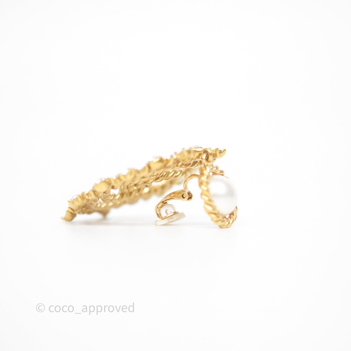 Chanel Crystal Round CC Pearl Drop Ear Clip Gold Tone 20B