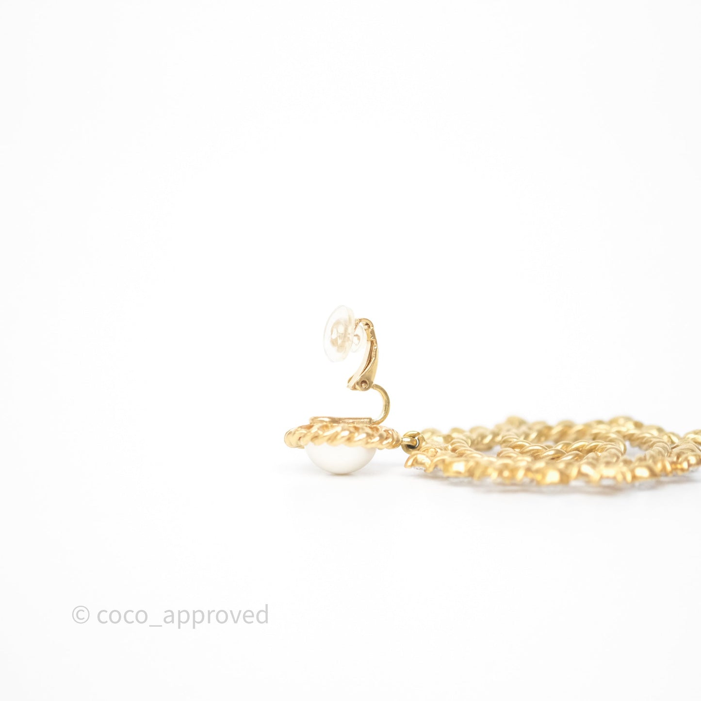 Chanel Crystal Round CC Pearl Drop Ear Clip Gold Tone 20B
