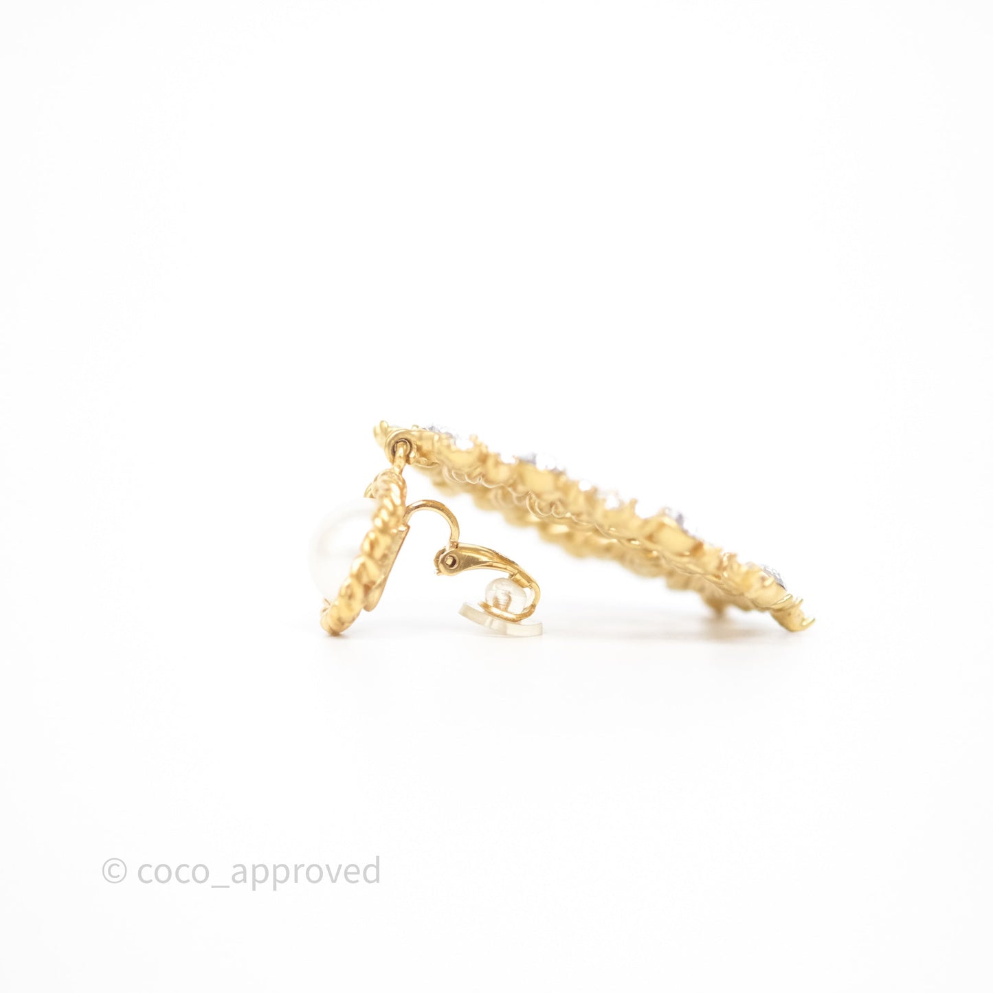 Chanel Crystal Round CC Pearl Drop Ear Clip Gold Tone 20B