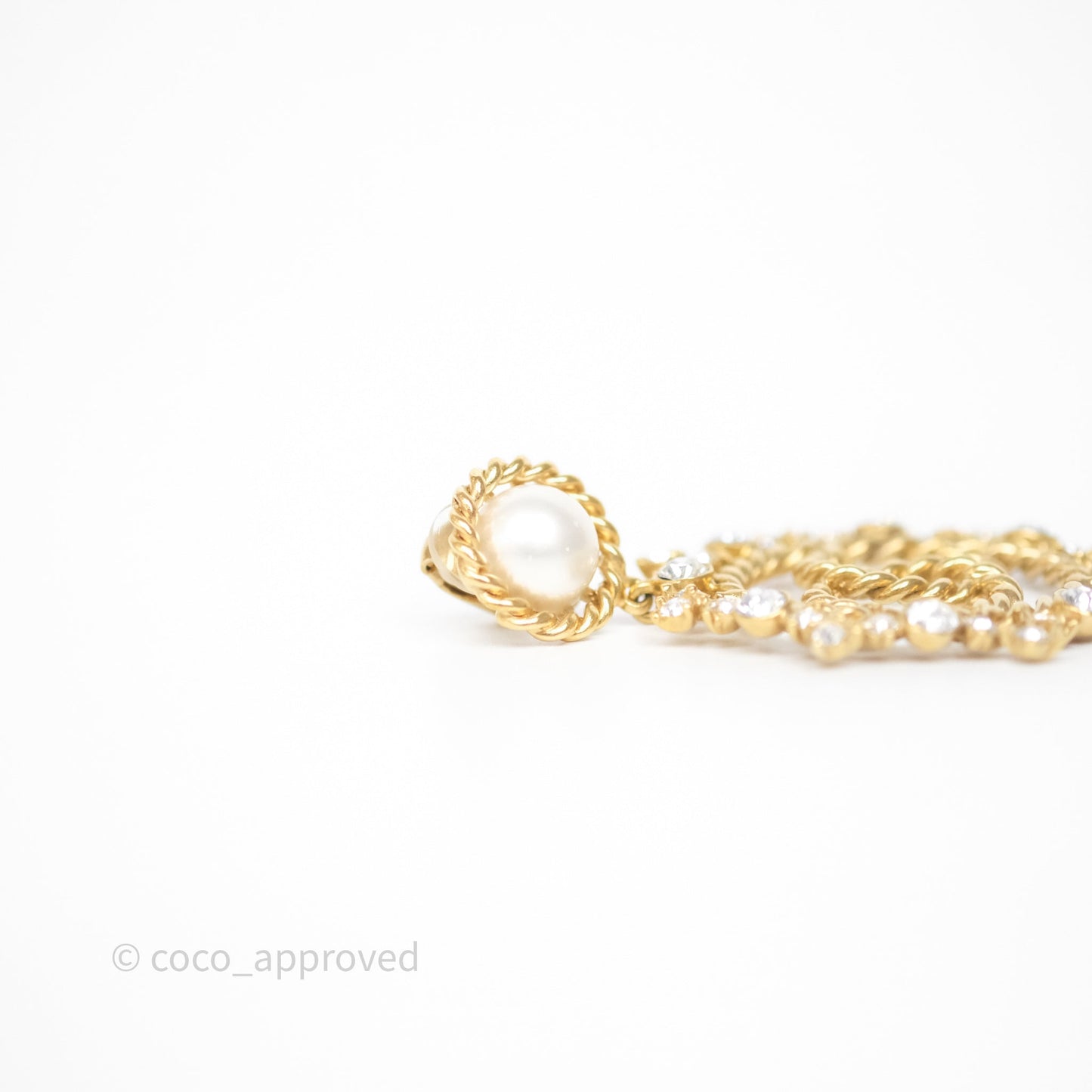 Chanel Crystal Round CC Pearl Drop Ear Clip Gold Tone 20B