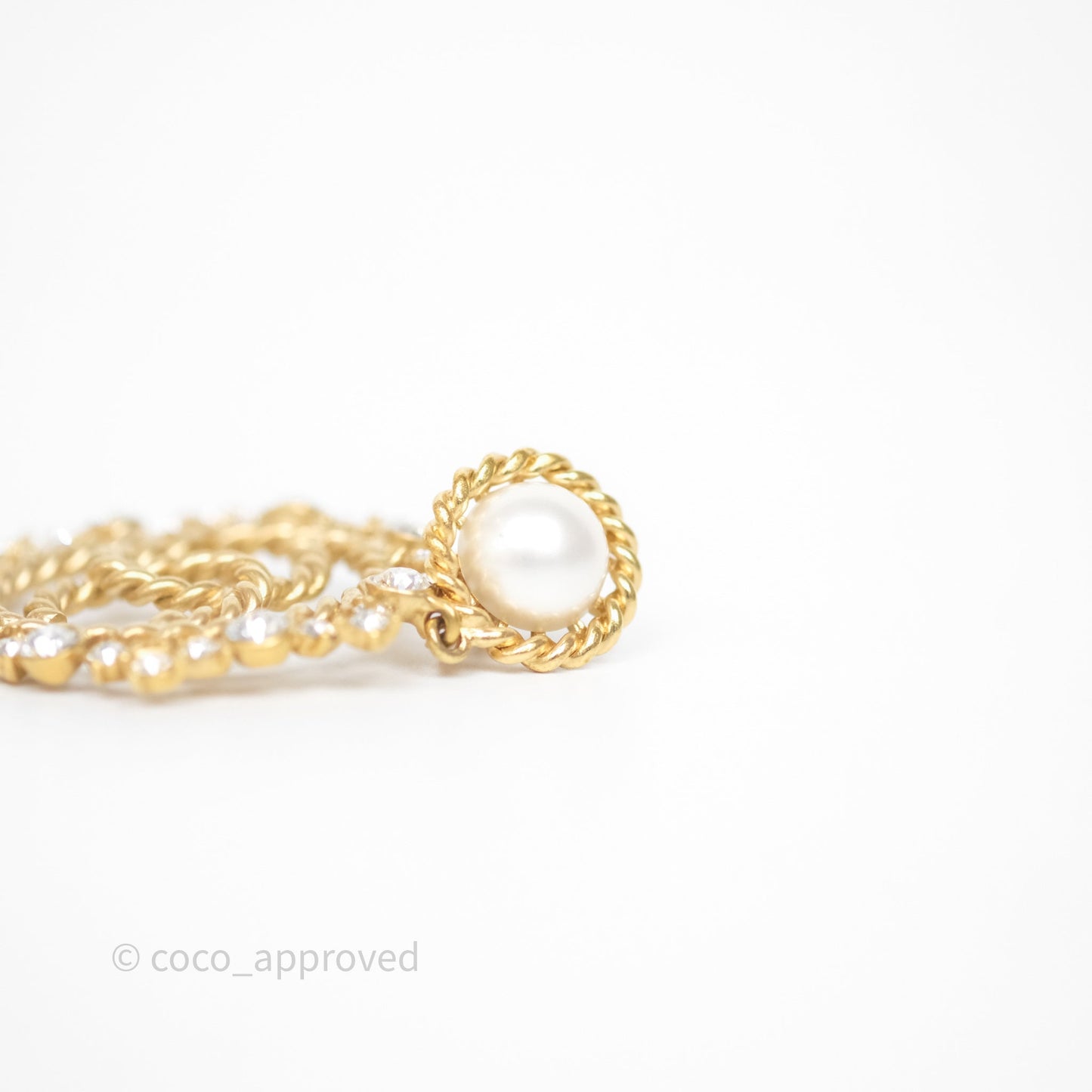 Chanel Crystal Round CC Pearl Drop Ear Clip Gold Tone 20B