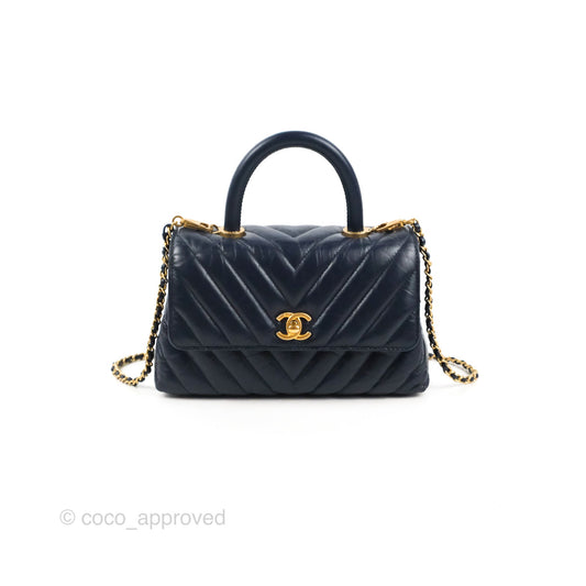Chanel Small Coco Handle Chevron Navy Crumpled Leather Aged Gold Hardware