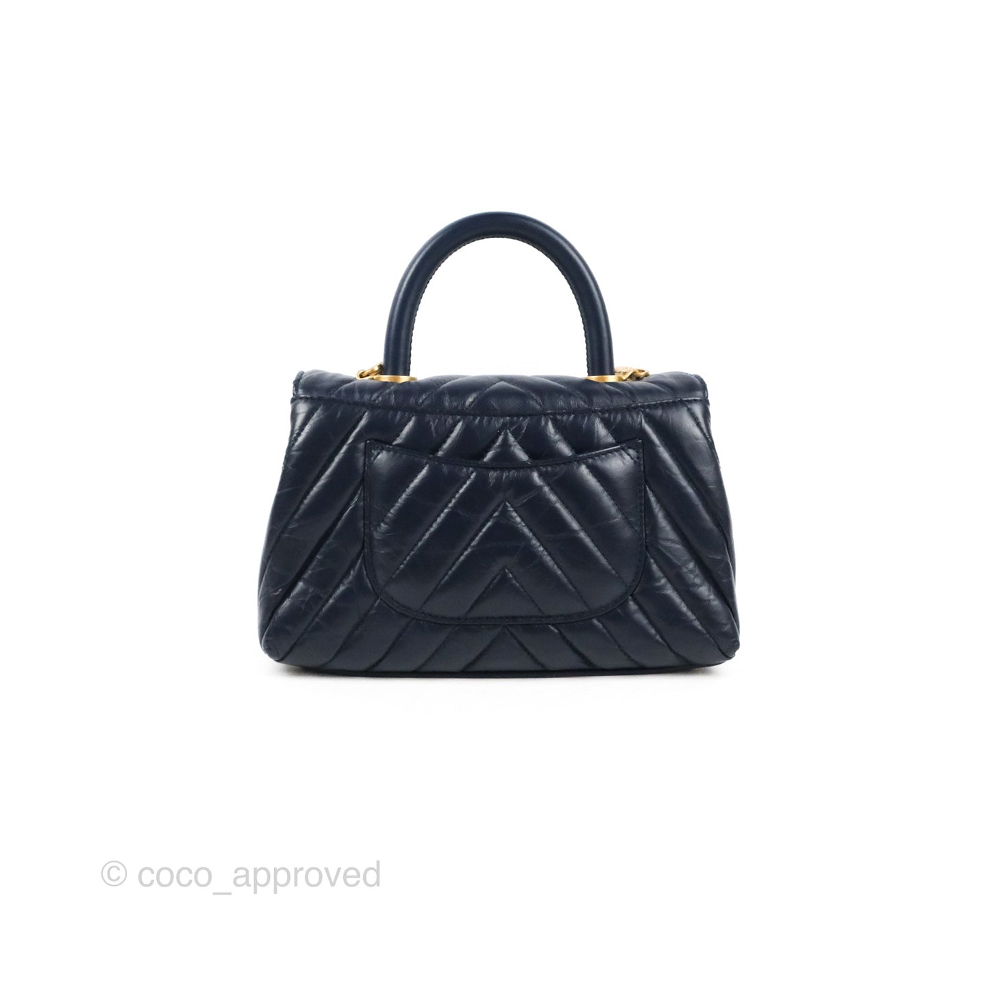 Chanel Small Coco Handle Chevron Navy Crumpled Leather Aged Gold Hardware