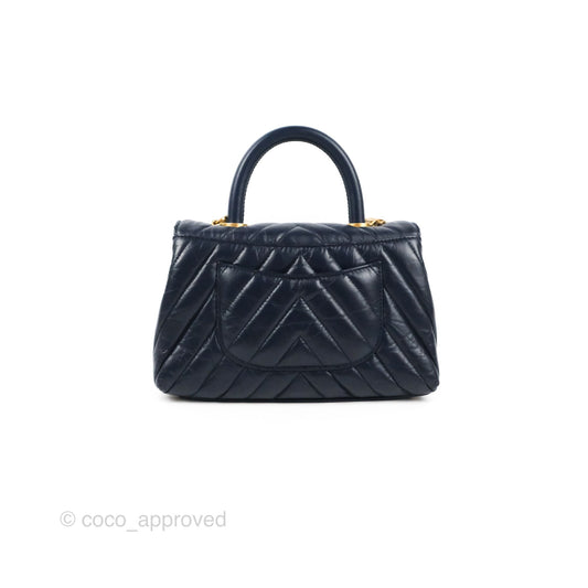 Chanel Small Coco Handle Chevron Navy Crumpled Leather Aged Gold Hardware