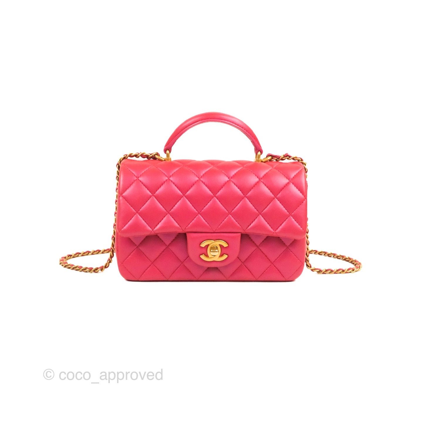 Chanel Top Handle Mini Rectangular Flap Bag Iridescent Dark Pink Lambskin Aged Gold Hardware