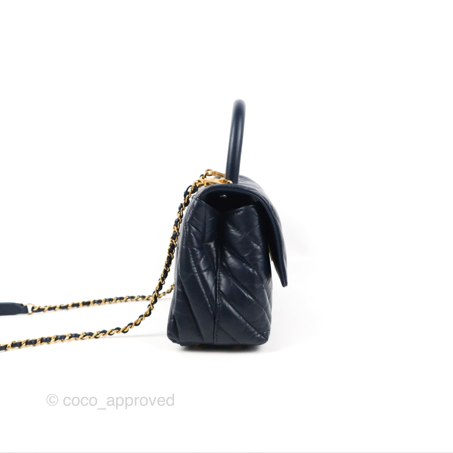 Chanel Small Coco Handle Chevron Navy Crumpled Leather Aged Gold Hardware