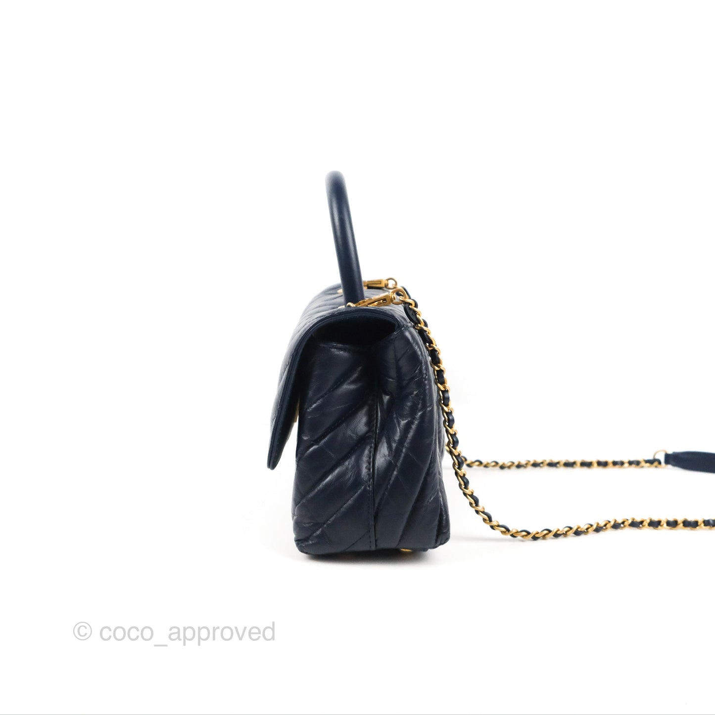 Chanel Small Coco Handle Chevron Navy Crumpled Leather Aged Gold Hardware