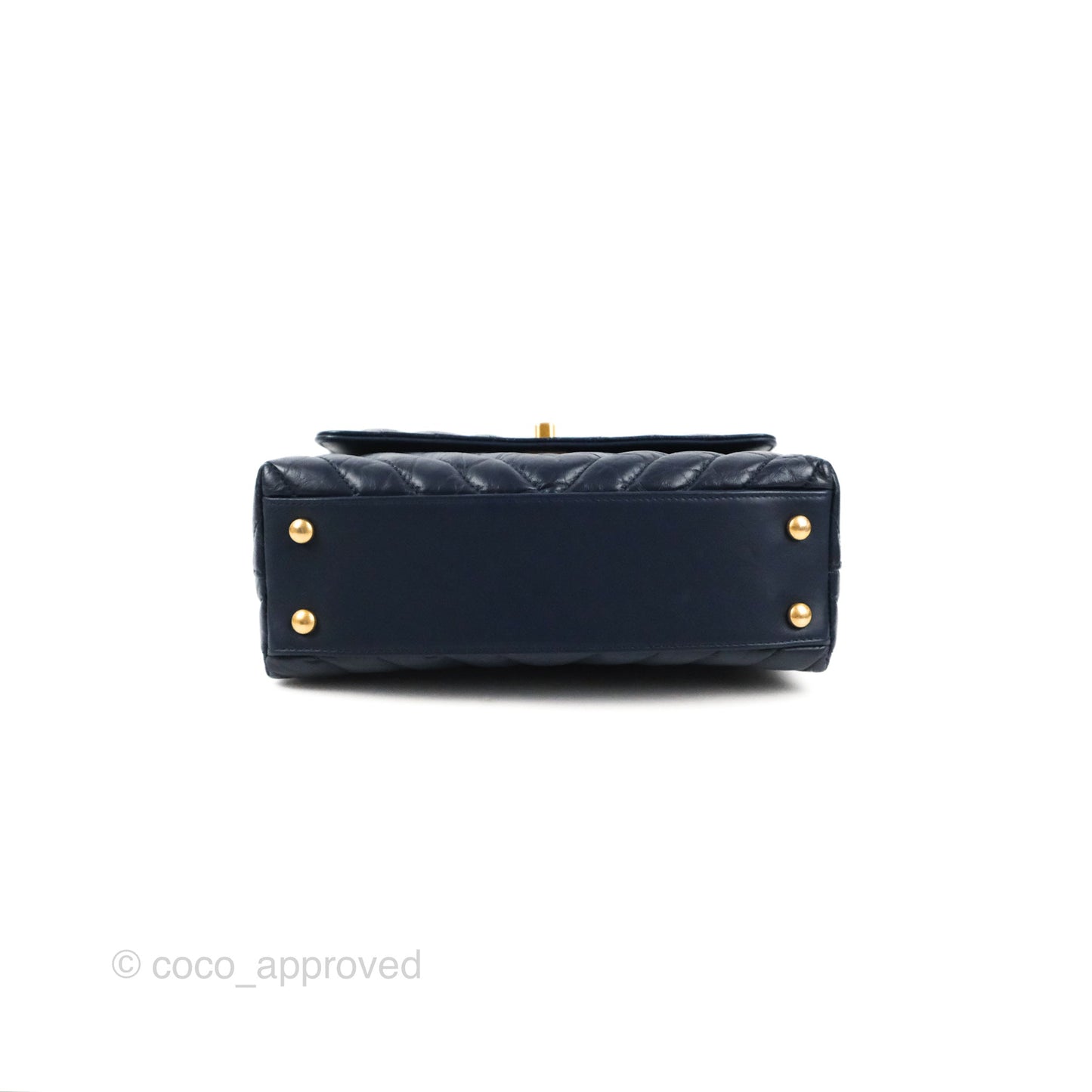 Chanel Small Coco Handle Chevron Navy Crumpled Leather Aged Gold Hardware