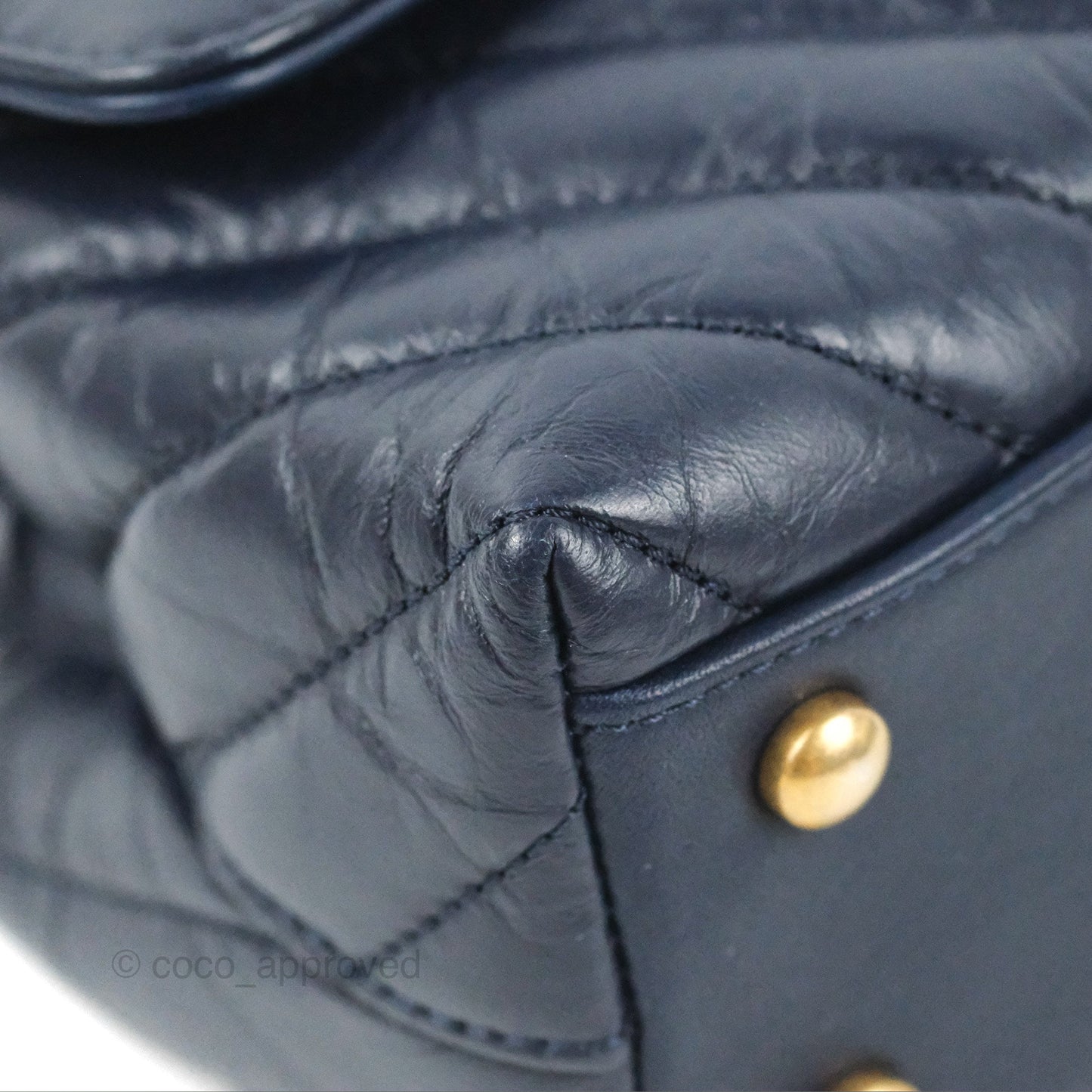 Chanel Small Coco Handle Chevron Navy Crumpled Leather Aged Gold Hardware