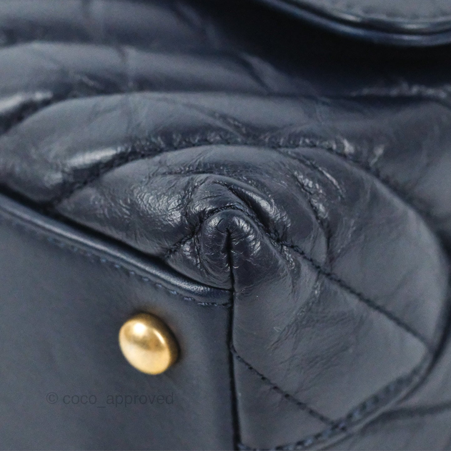 Chanel Small Coco Handle Chevron Navy Crumpled Leather Aged Gold Hardware