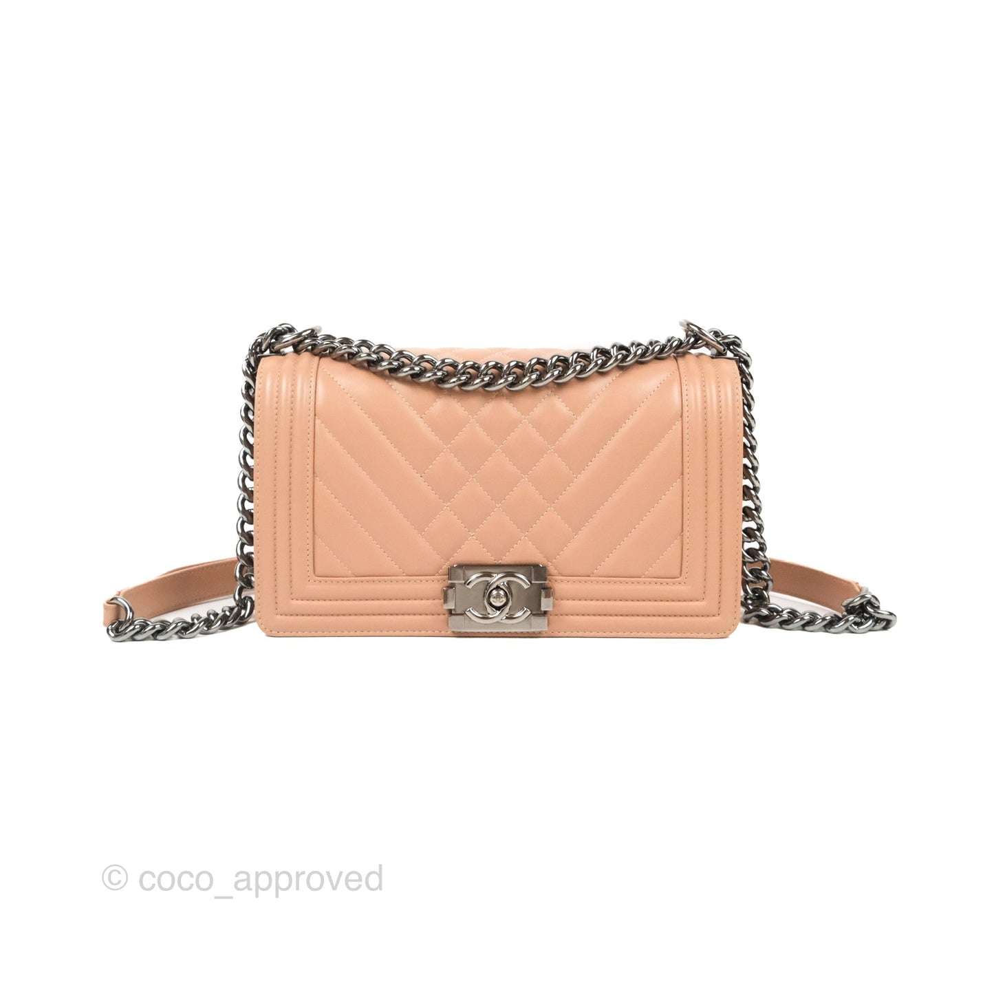 Chanel Chevron & Quilted Medium Boy Beige Calfskin Gun Metal