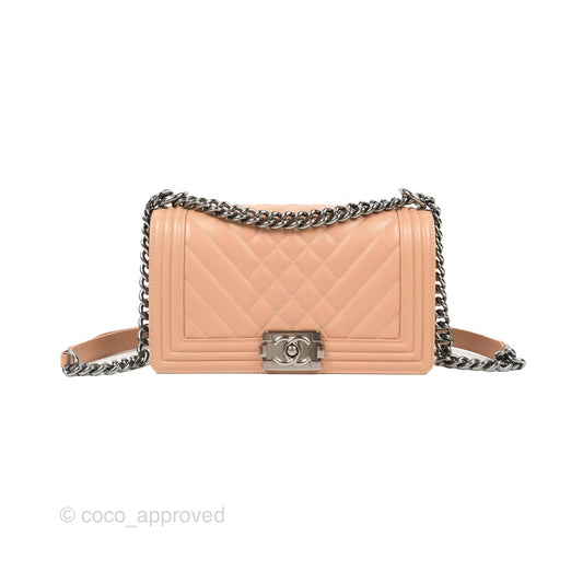 Chanel Chevron & Quilted Medium Boy Beige Calfskin Gun Metal