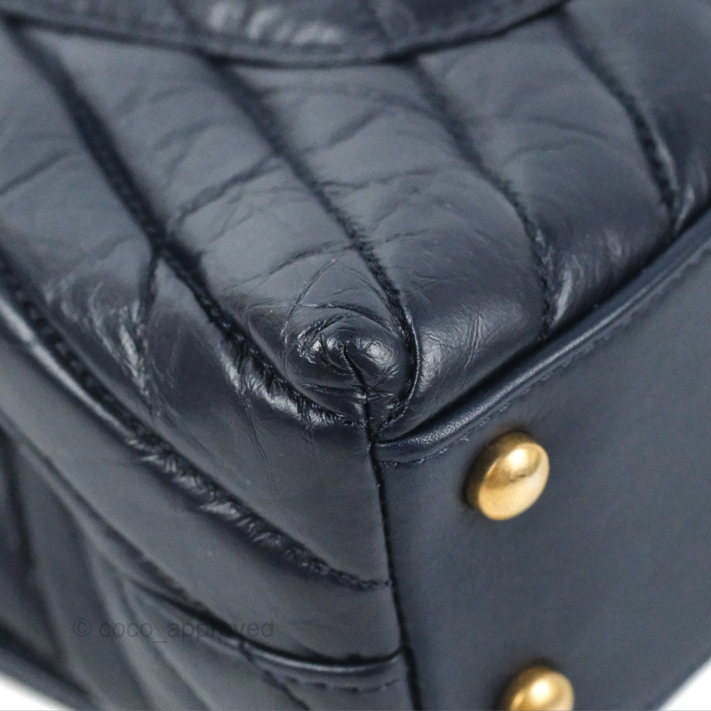 Chanel Small Coco Handle Chevron Navy Crumpled Leather Aged Gold Hardware