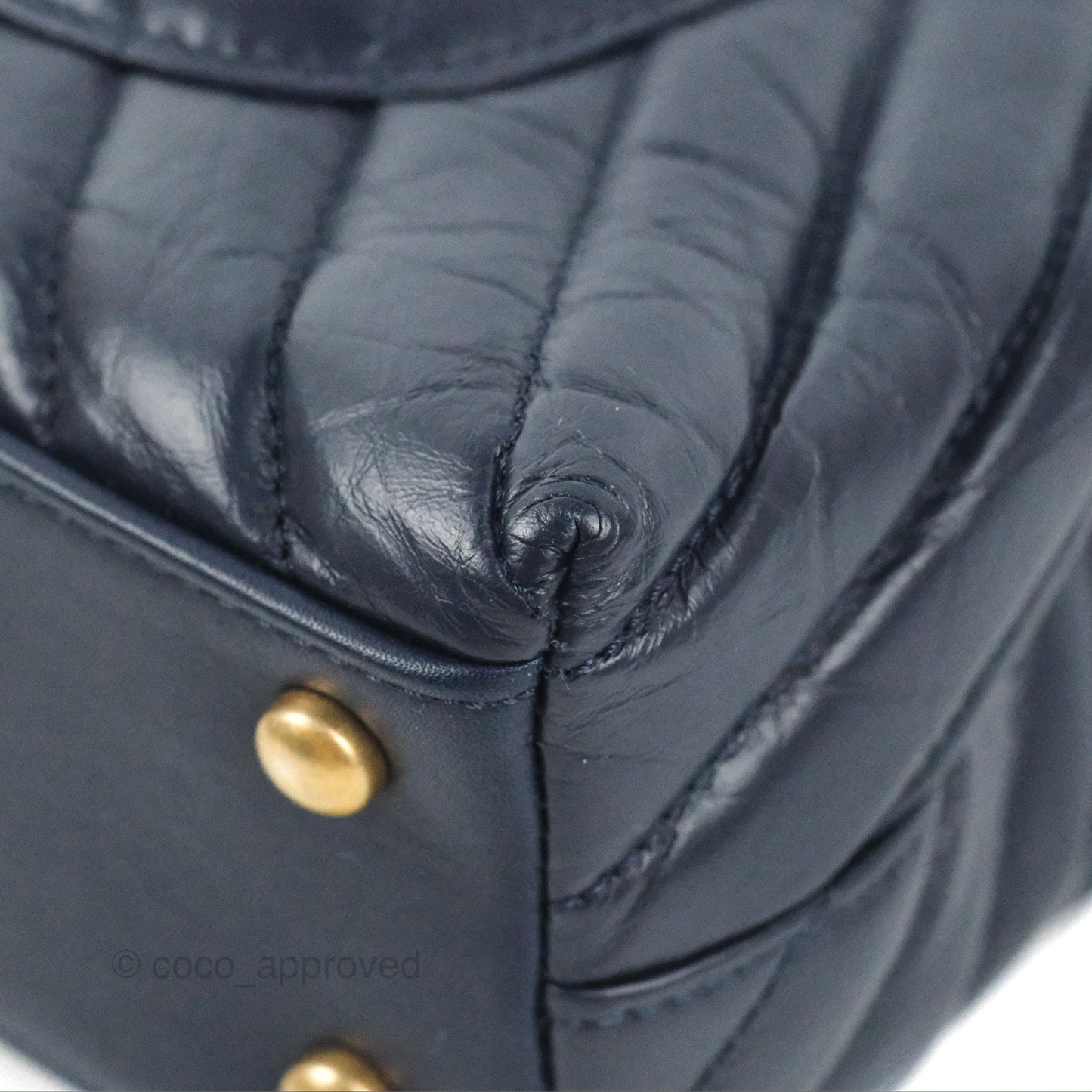Chanel Small Coco Handle Chevron Navy Crumpled Leather Aged Gold Hardware