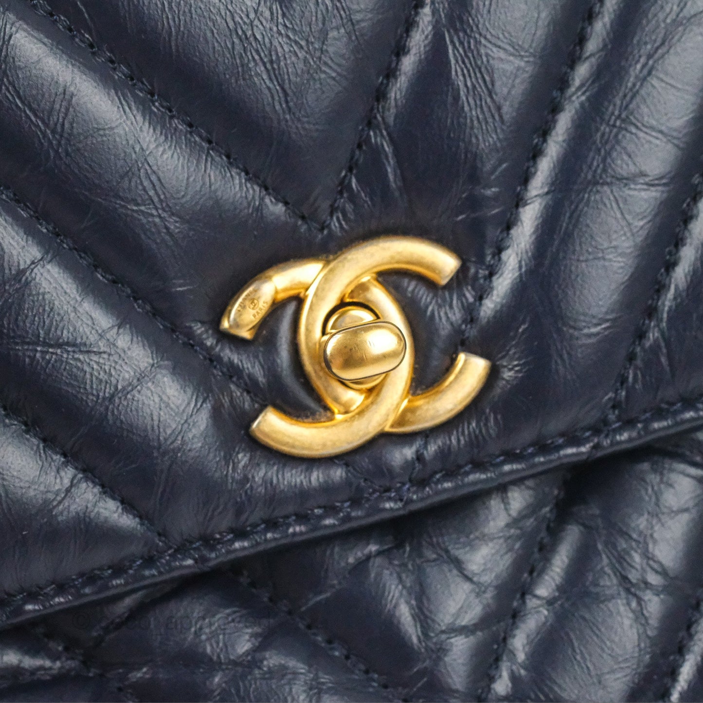 Chanel Small Coco Handle Chevron Navy Crumpled Leather Aged Gold Hardware