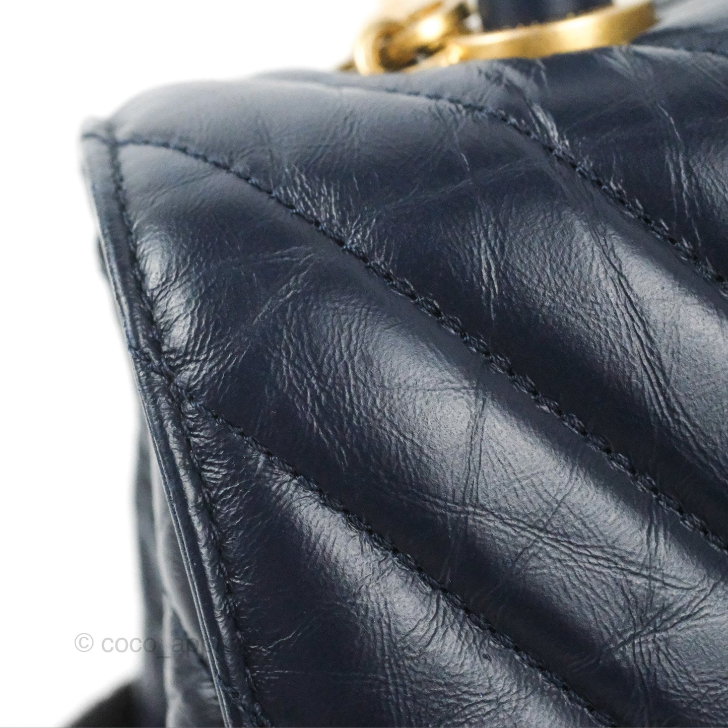 Chanel Small Coco Handle Chevron Navy Crumpled Leather Aged Gold Hardware