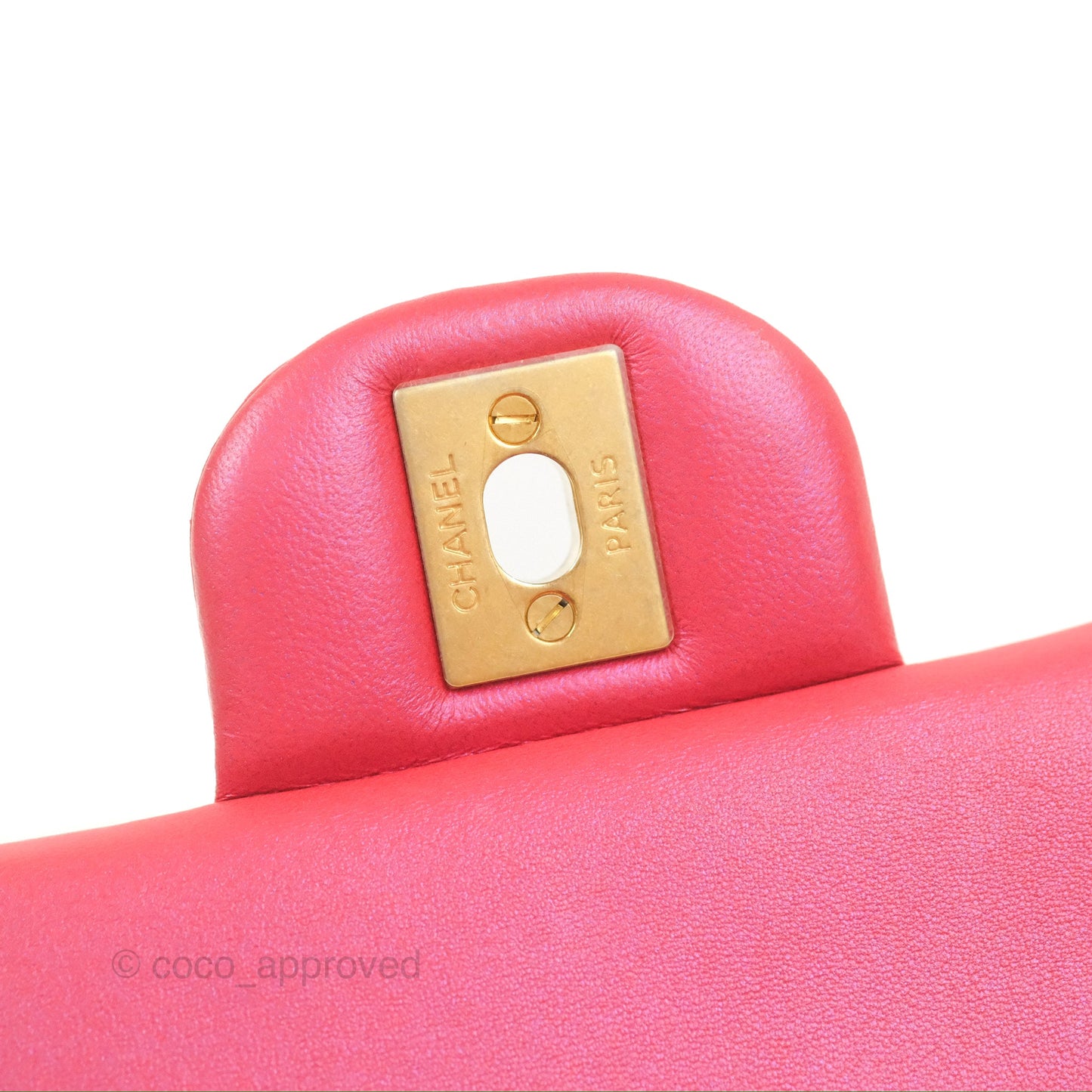 Chanel Top Handle Mini Rectangular Flap Bag Iridescent Dark Pink Lambskin Aged Gold Hardware