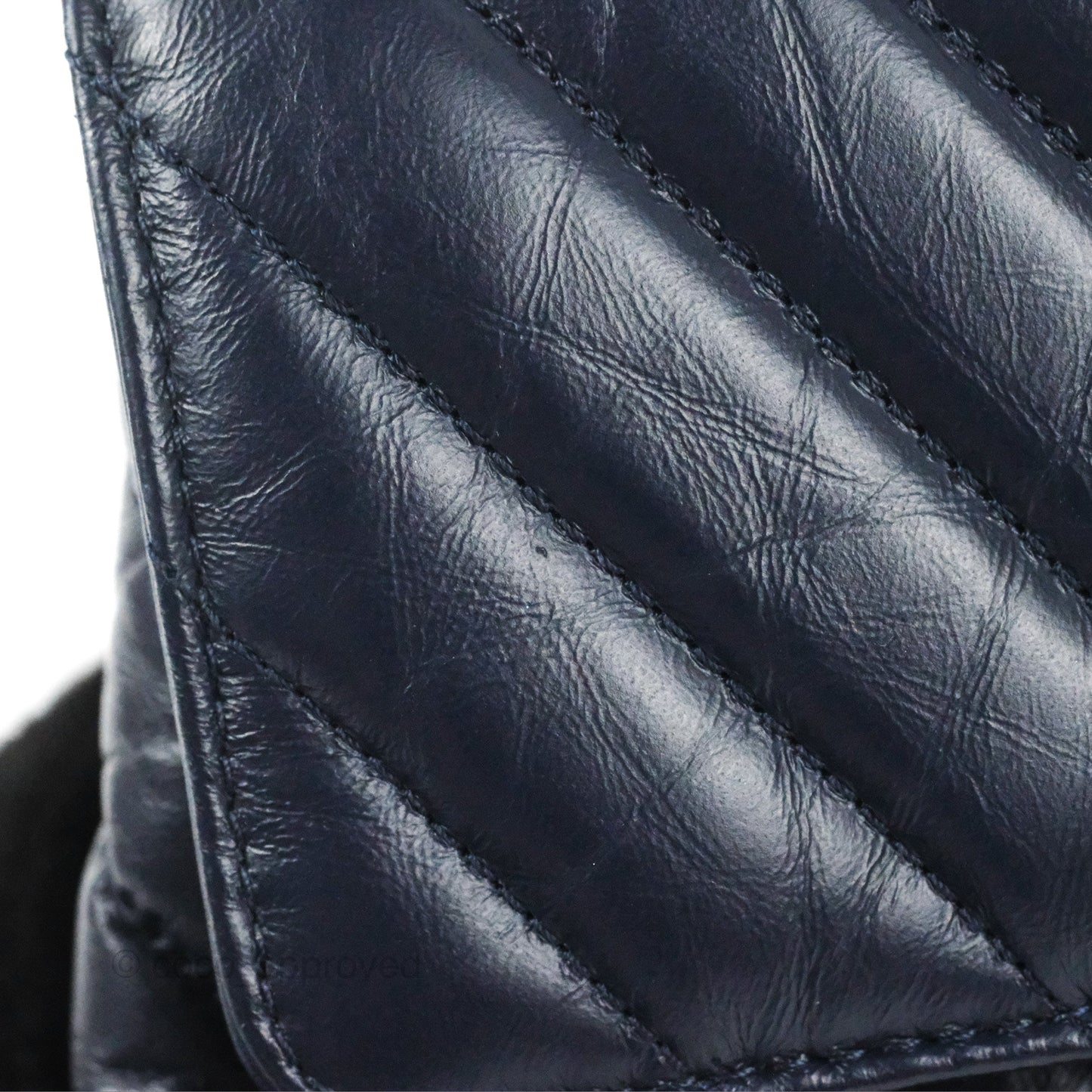 Chanel Small Coco Handle Chevron Navy Crumpled Leather Aged Gold Hardware