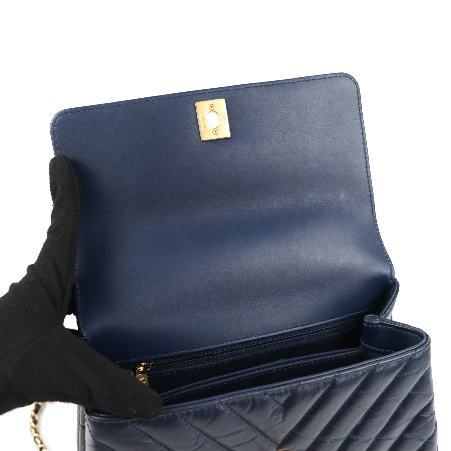 Chanel Small Coco Handle Chevron Navy Crumpled Leather Aged Gold Hardware