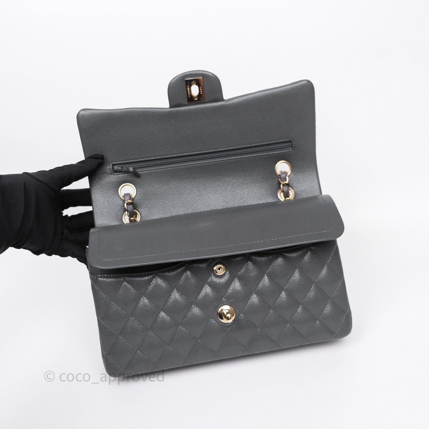 Chanel Classic M/L Medium Flap Quilted Dark Grey Caviar Gold Hardware