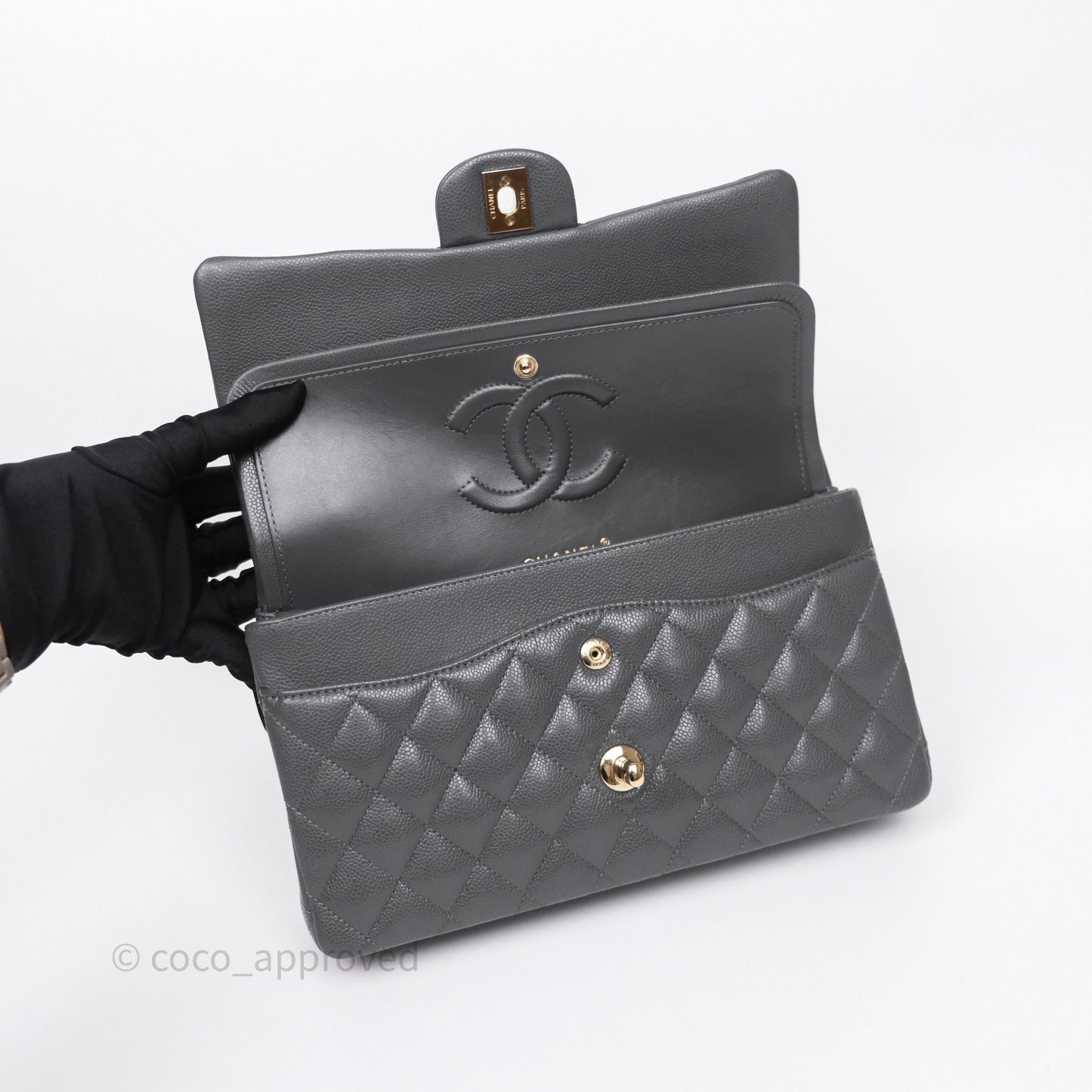 Chanel Classic M/L Medium Flap Quilted Dark Grey Caviar Gold Hardware