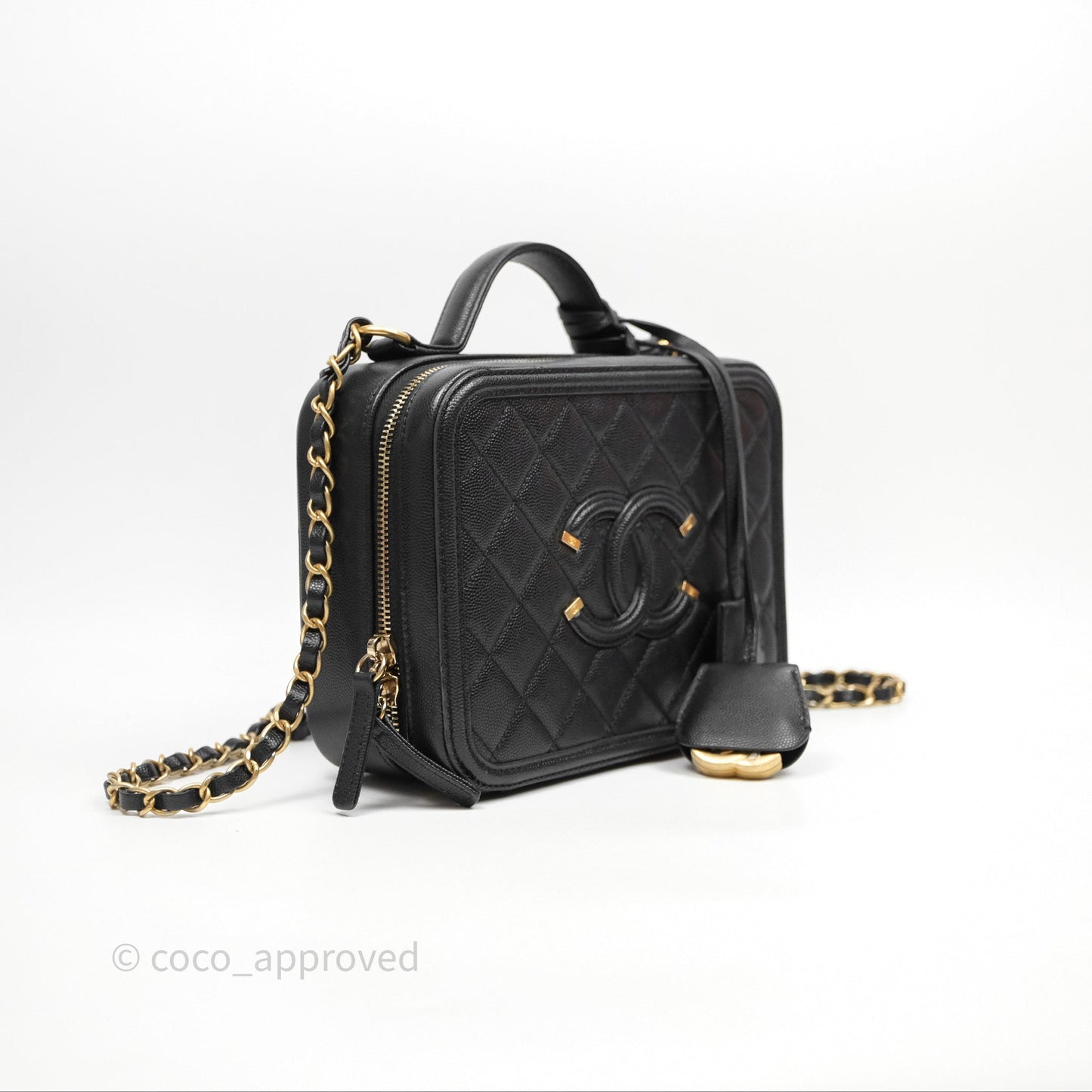 Chanel Quilted Medium CC Filigree Vanity Case Black Caviar Aged Gold Hardware