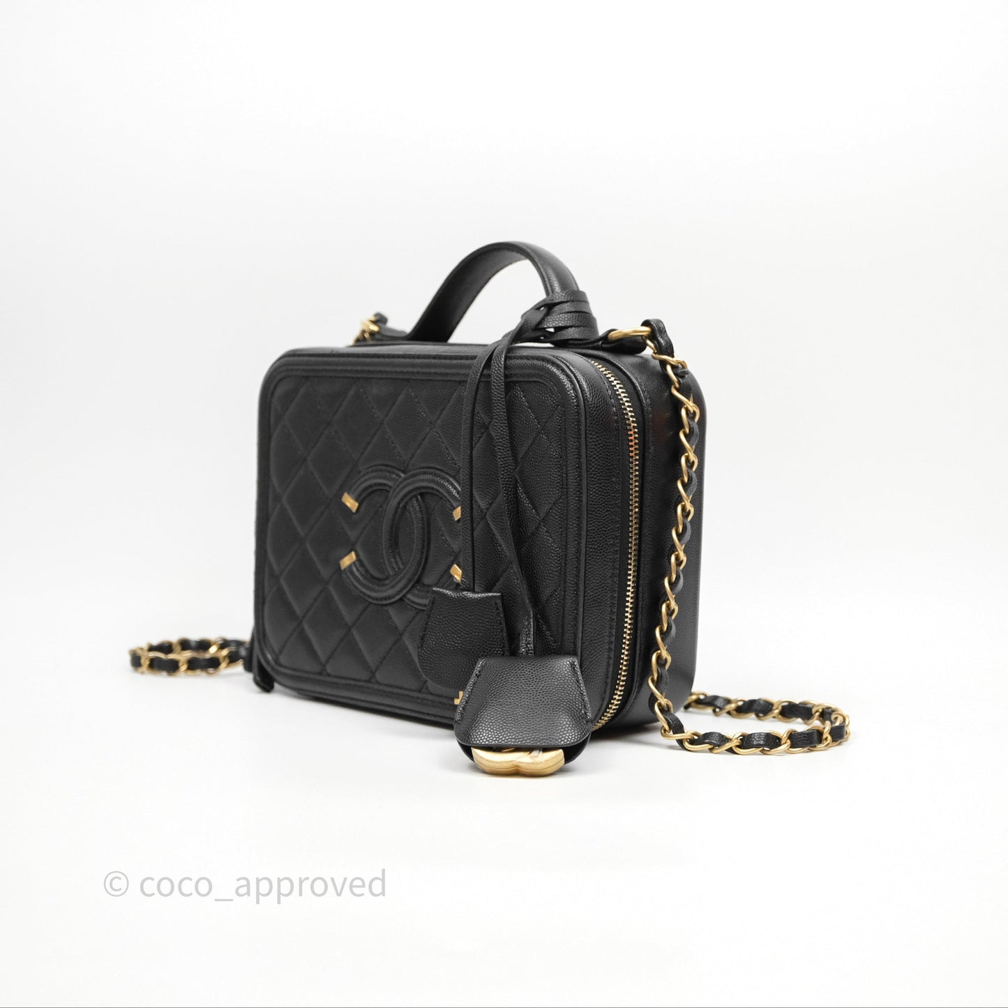 Chanel Quilted Medium CC Filigree Vanity Case Black Caviar Aged Gold Hardware