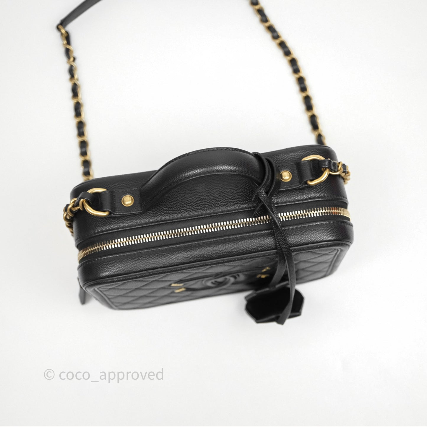 Chanel Quilted Medium CC Filigree Vanity Case Black Caviar Aged Gold Hardware