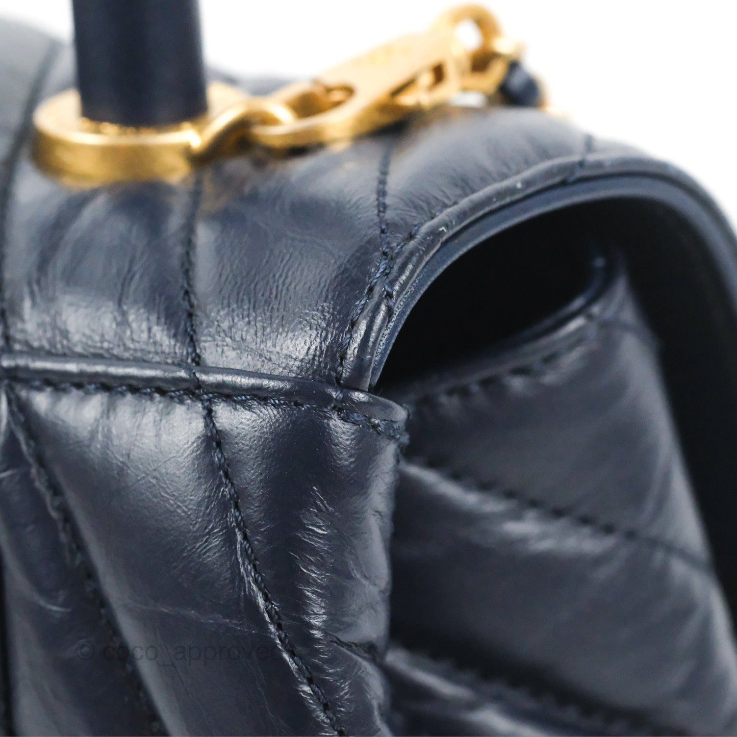 Chanel Small Coco Handle Chevron Navy Crumpled Leather Aged Gold Hardware