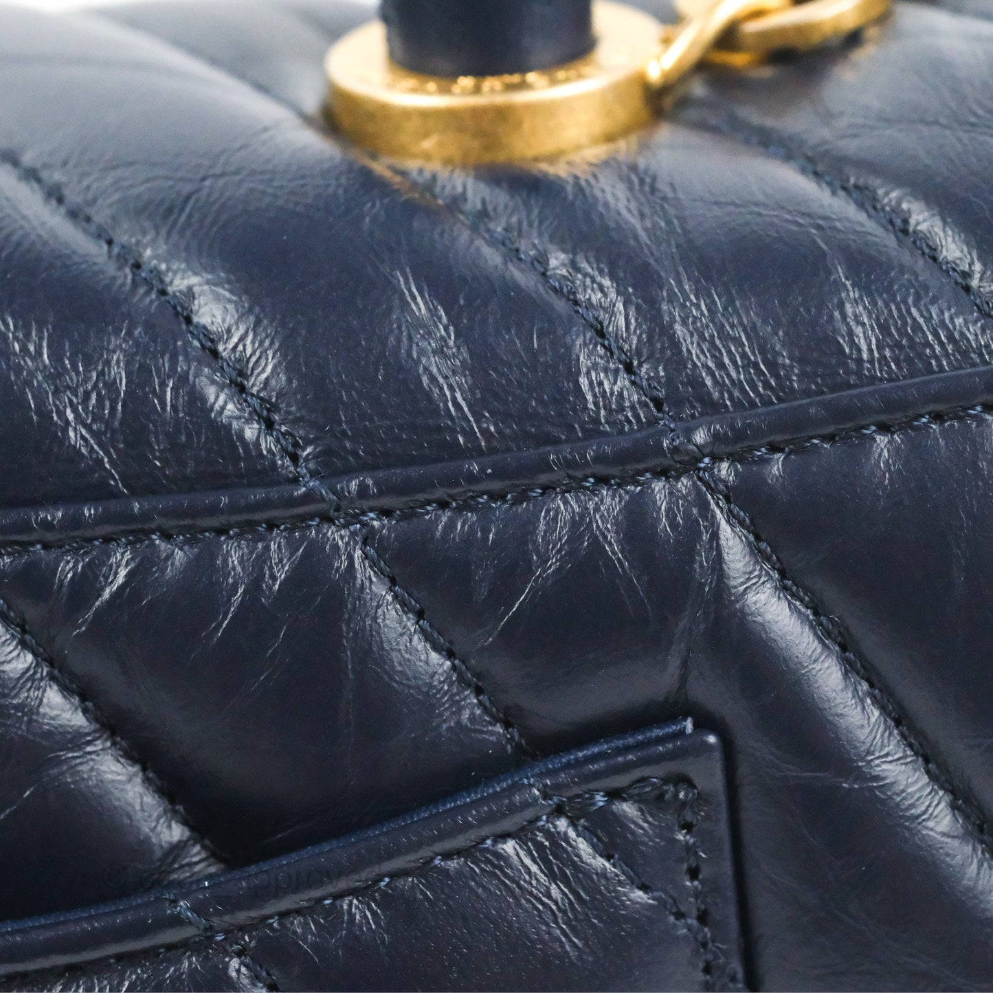 Chanel Small Coco Handle Chevron Navy Crumpled Leather Aged Gold Hardware