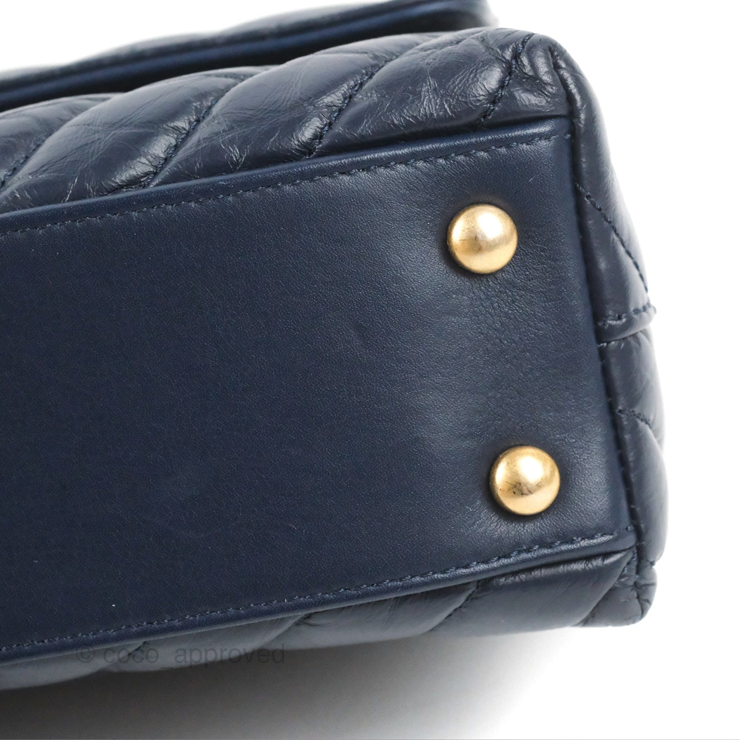 Chanel Small Coco Handle Chevron Navy Crumpled Leather Aged Gold Hardware
