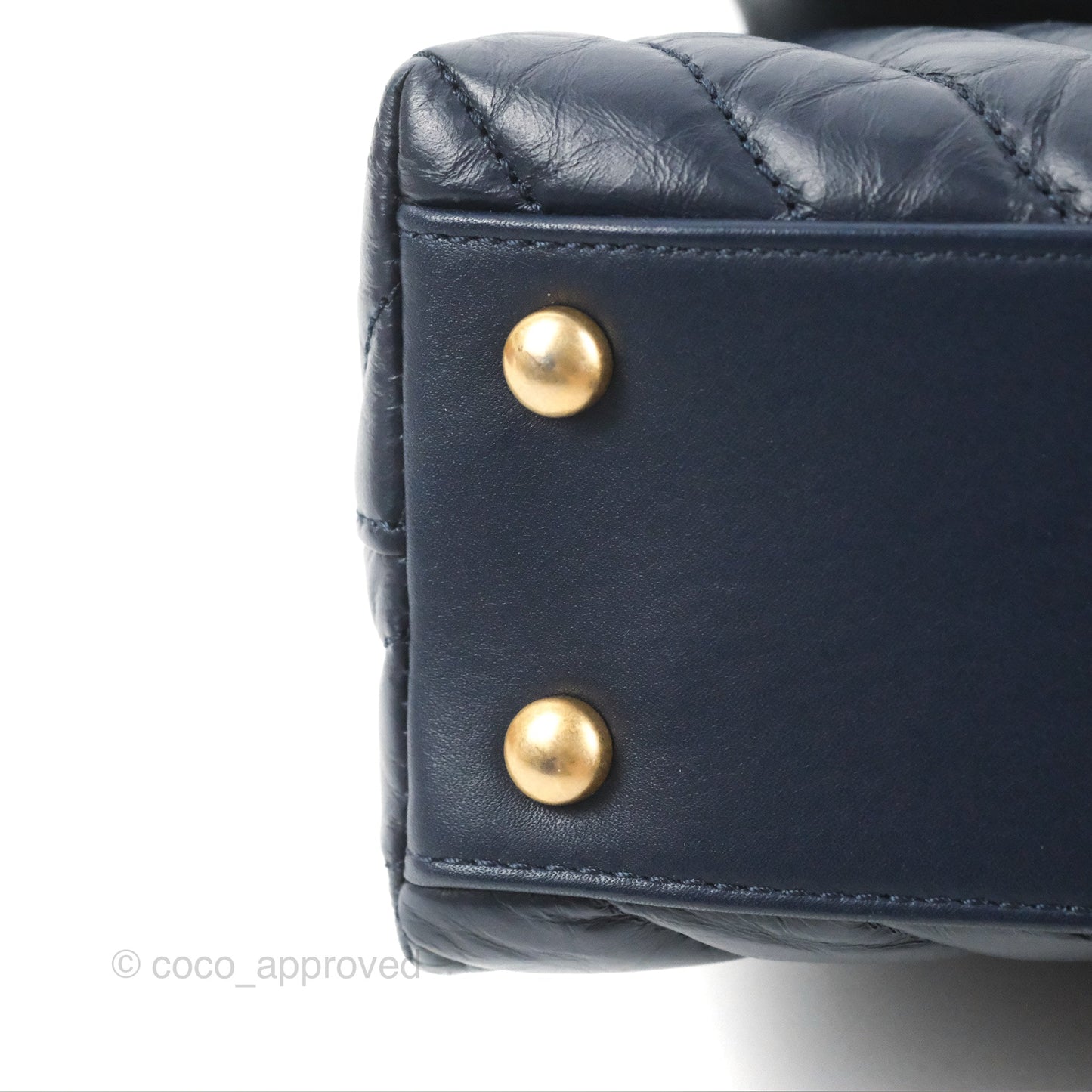 Chanel Small Coco Handle Chevron Navy Crumpled Leather Aged Gold Hardware
