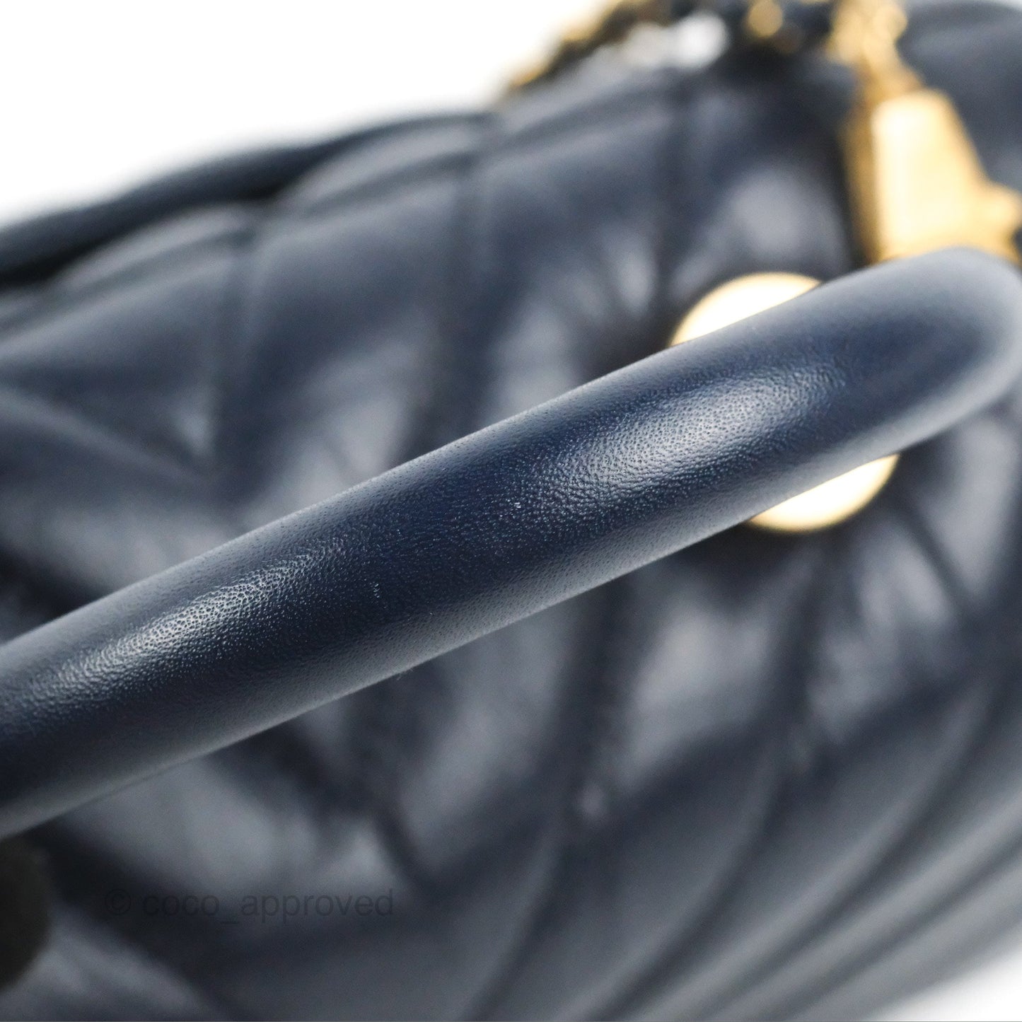 Chanel Small Coco Handle Chevron Navy Crumpled Leather Aged Gold Hardware