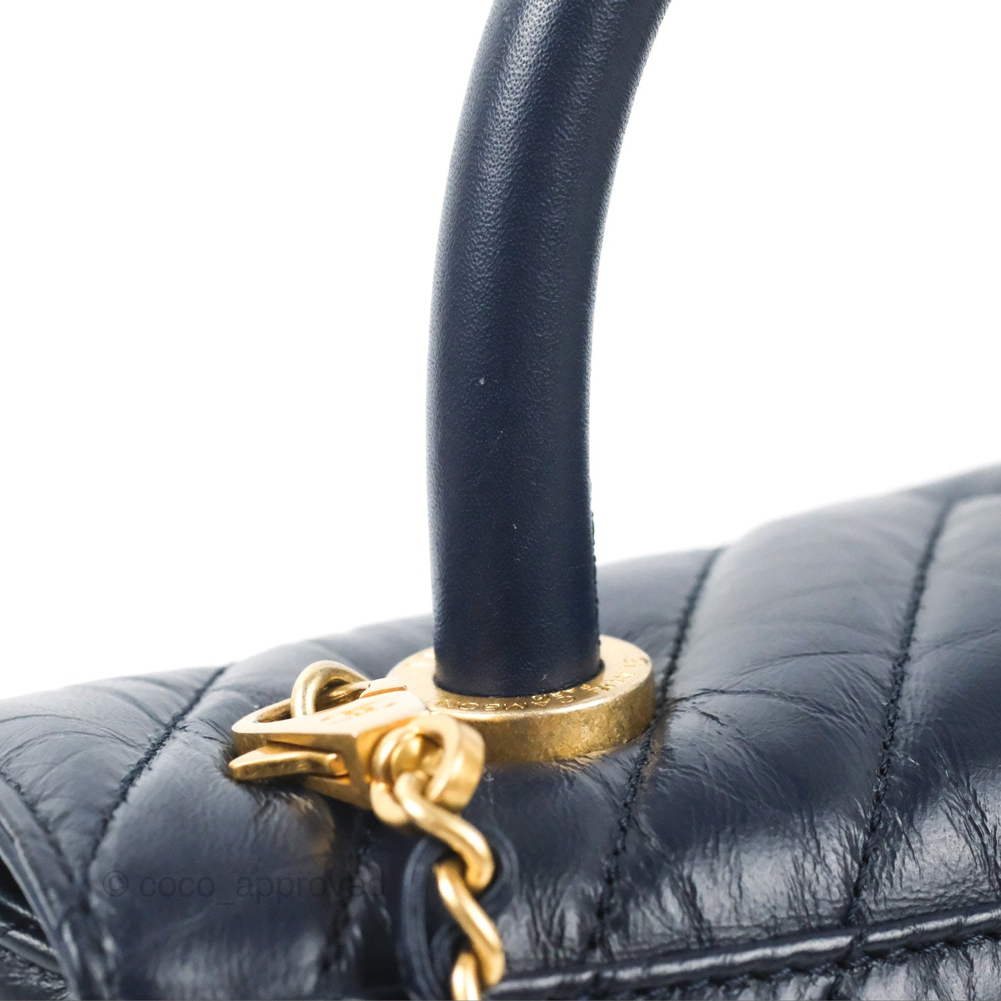 Chanel Small Coco Handle Chevron Navy Crumpled Leather Aged Gold Hardware