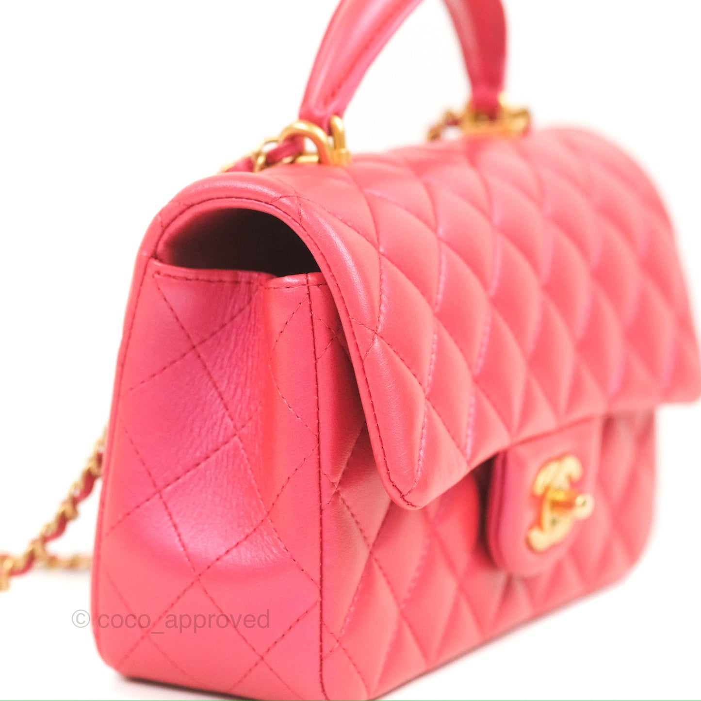 Chanel Top Handle Mini Rectangular Flap Bag Iridescent Dark Pink Lambskin Aged Gold Hardware