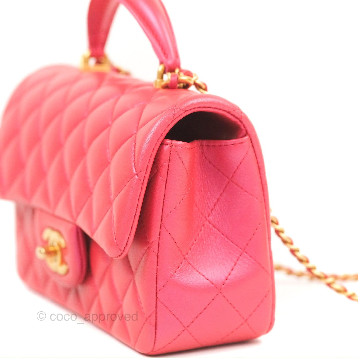 Chanel Top Handle Mini Rectangular Flap Bag Iridescent Dark Pink Lambskin Aged Gold Hardware