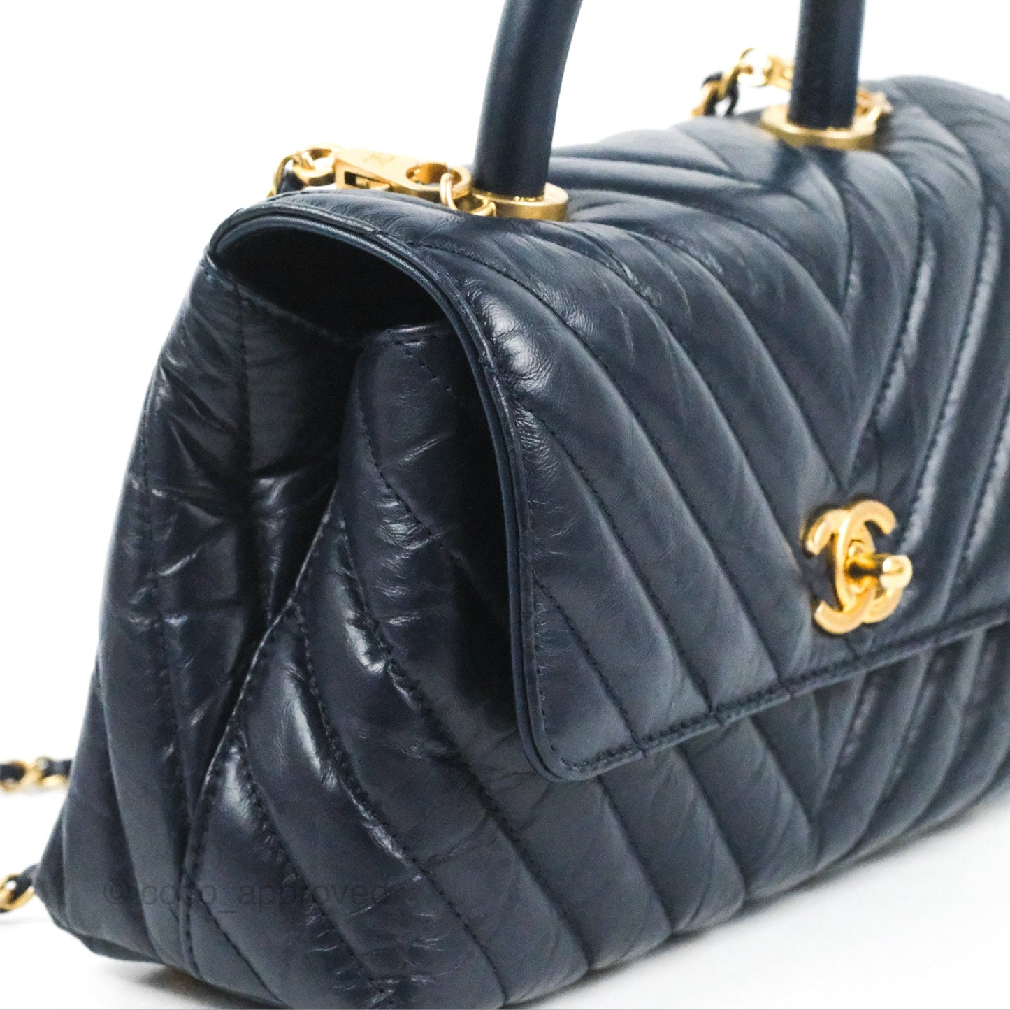 Chanel Small Coco Handle Chevron Navy Crumpled Leather Aged Gold Hardware