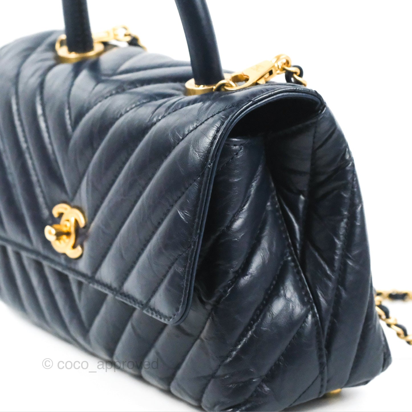 Chanel Small Coco Handle Chevron Navy Crumpled Leather Aged Gold Hardware