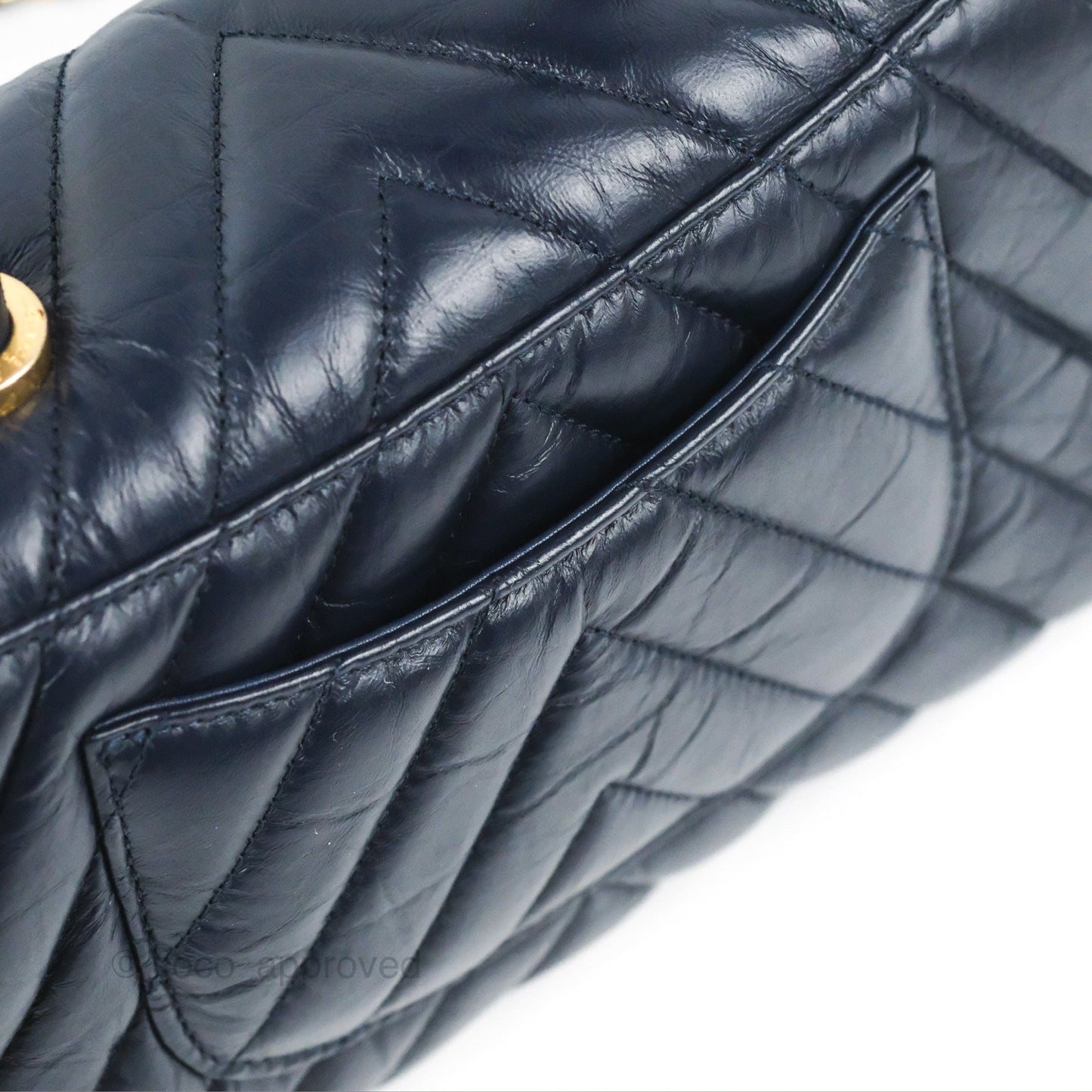 Chanel Small Coco Handle Chevron Navy Crumpled Leather Aged Gold Hardware