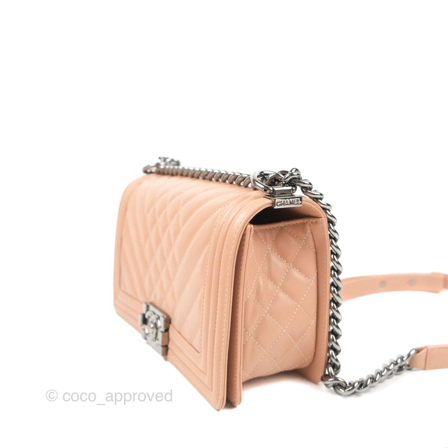 Chanel Chevron & Quilted Medium Boy Beige Calfskin Gun Metal