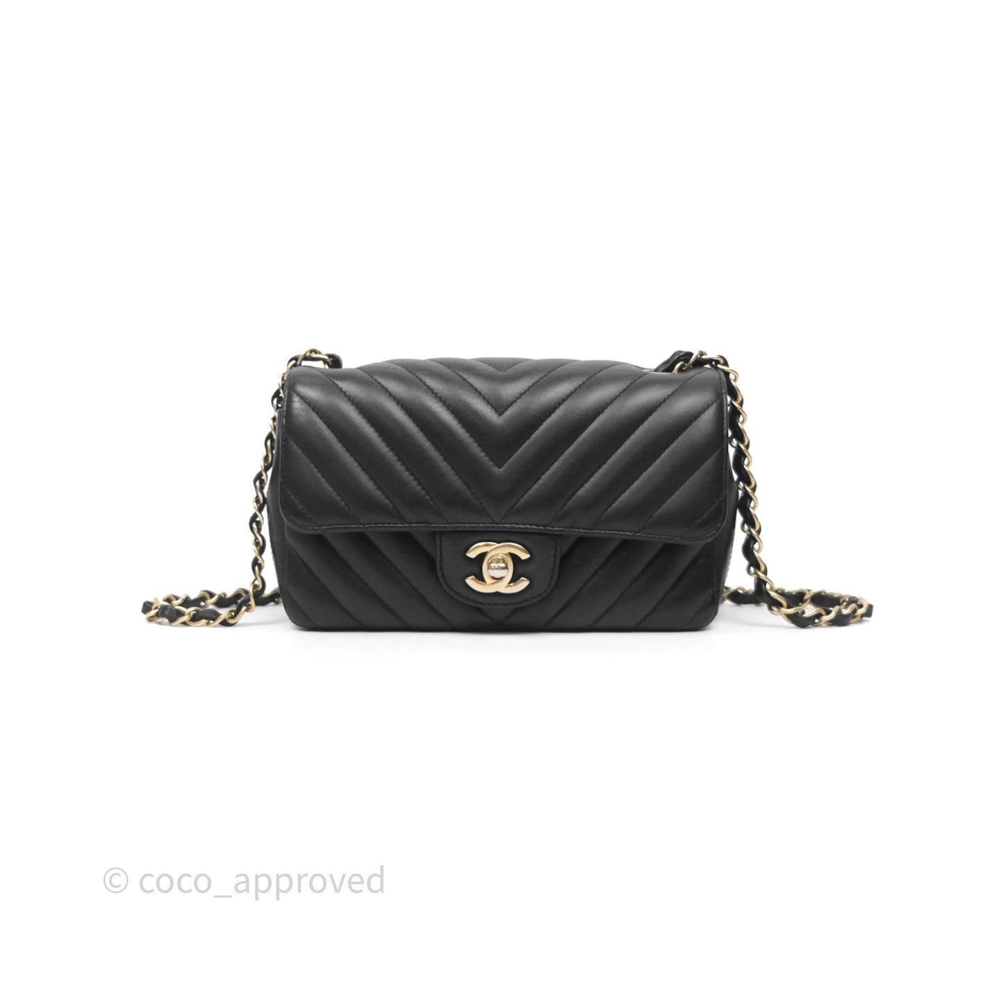 Chanel Mini Rectangular Chevron Black Lambskin Aged Gold Hardware