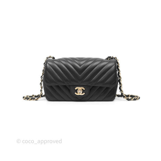 Chanel Mini Rectangular Chevron Black Lambskin Aged Gold Hardware