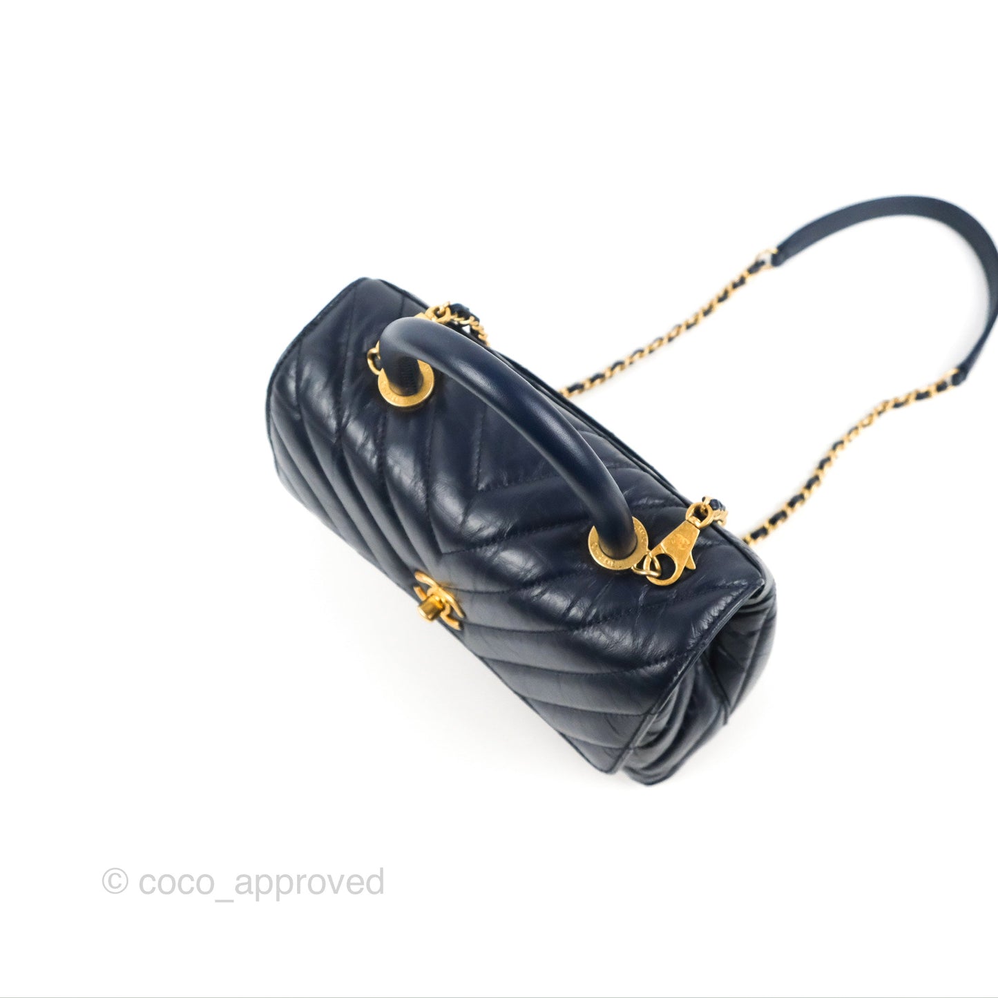 Chanel Small Coco Handle Chevron Navy Crumpled Leather Aged Gold Hardware